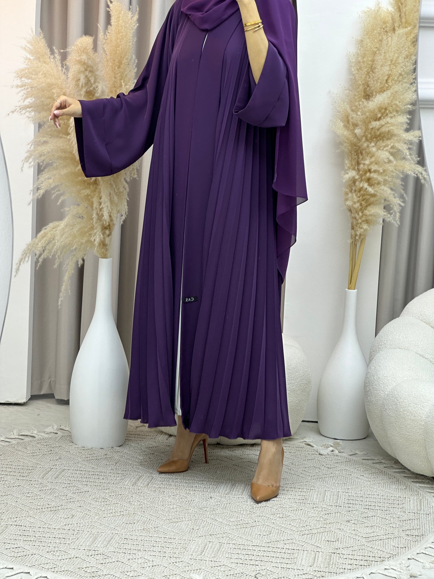 C Plain Light Purple Pleated Abaya Set