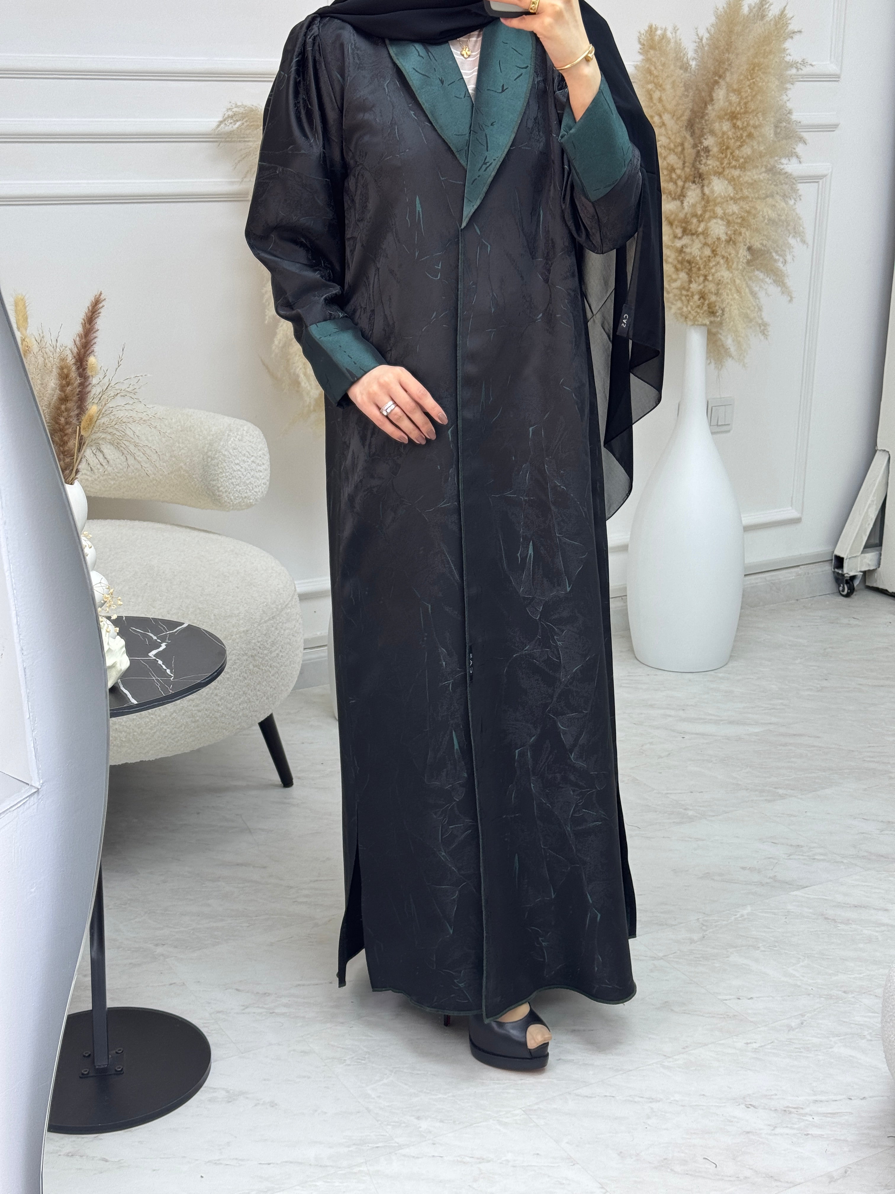 C 1079 Black Green Coat Abaya