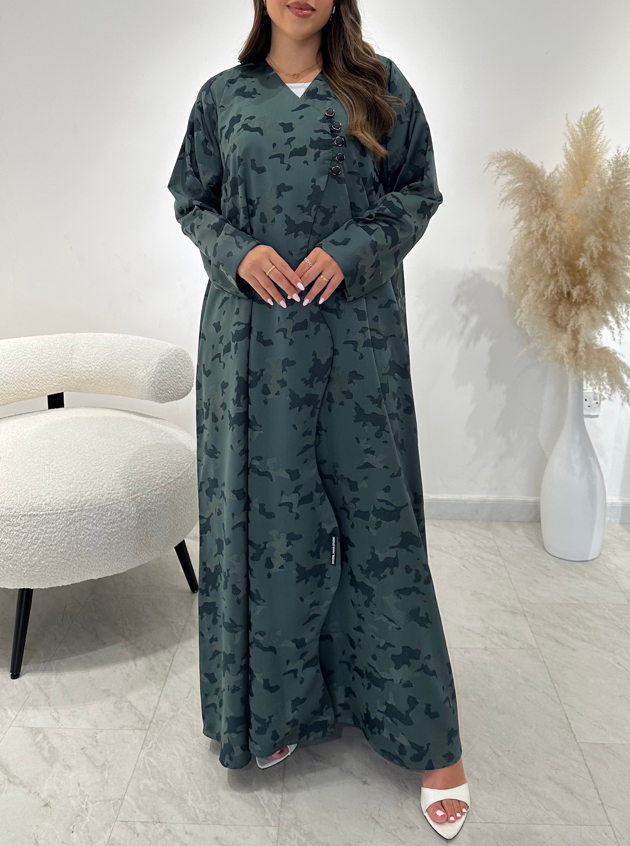 C 1450-01 Teal Army Printed Abaya