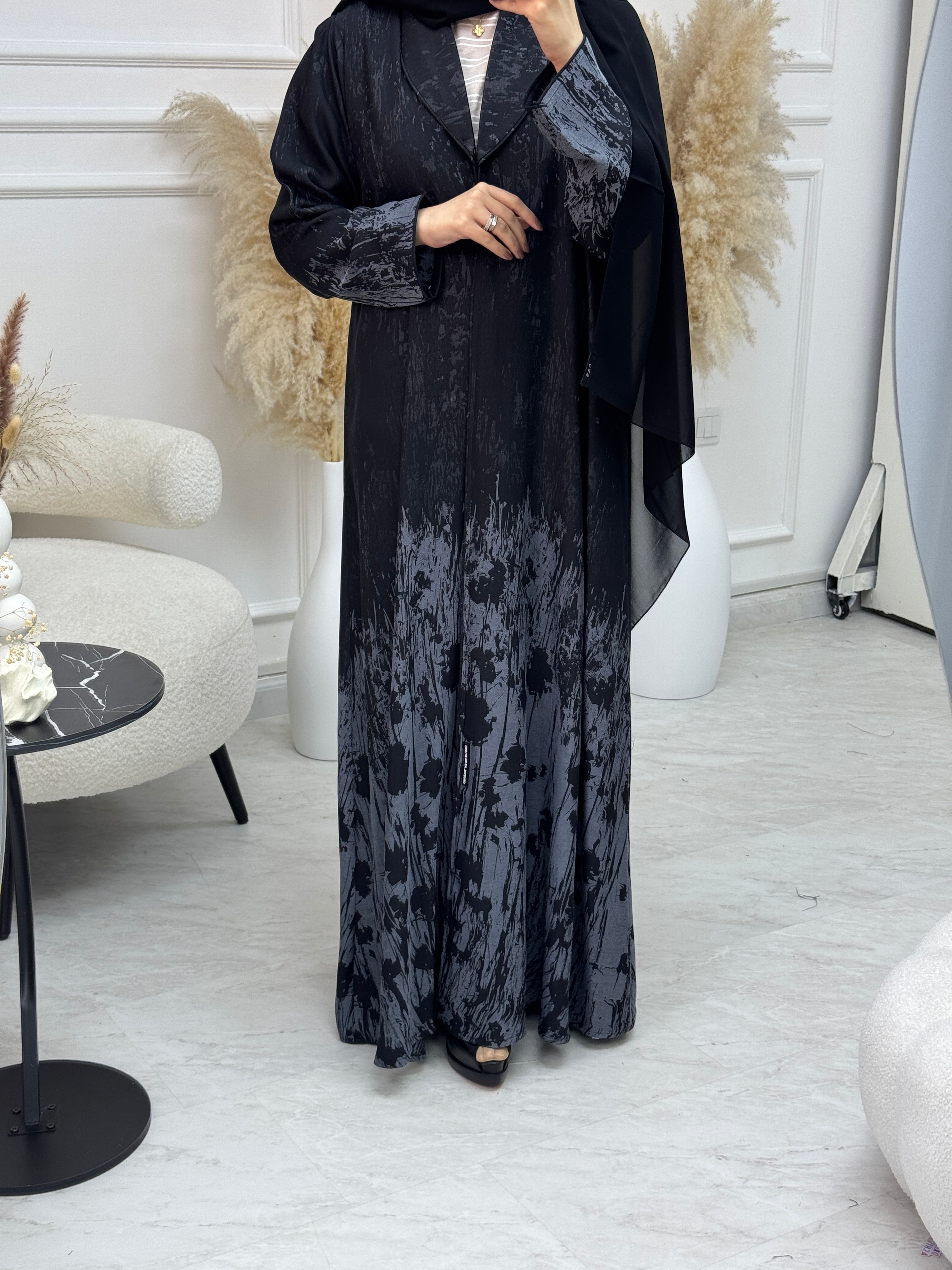 C 1085-01 Grey Black Printed Abaya