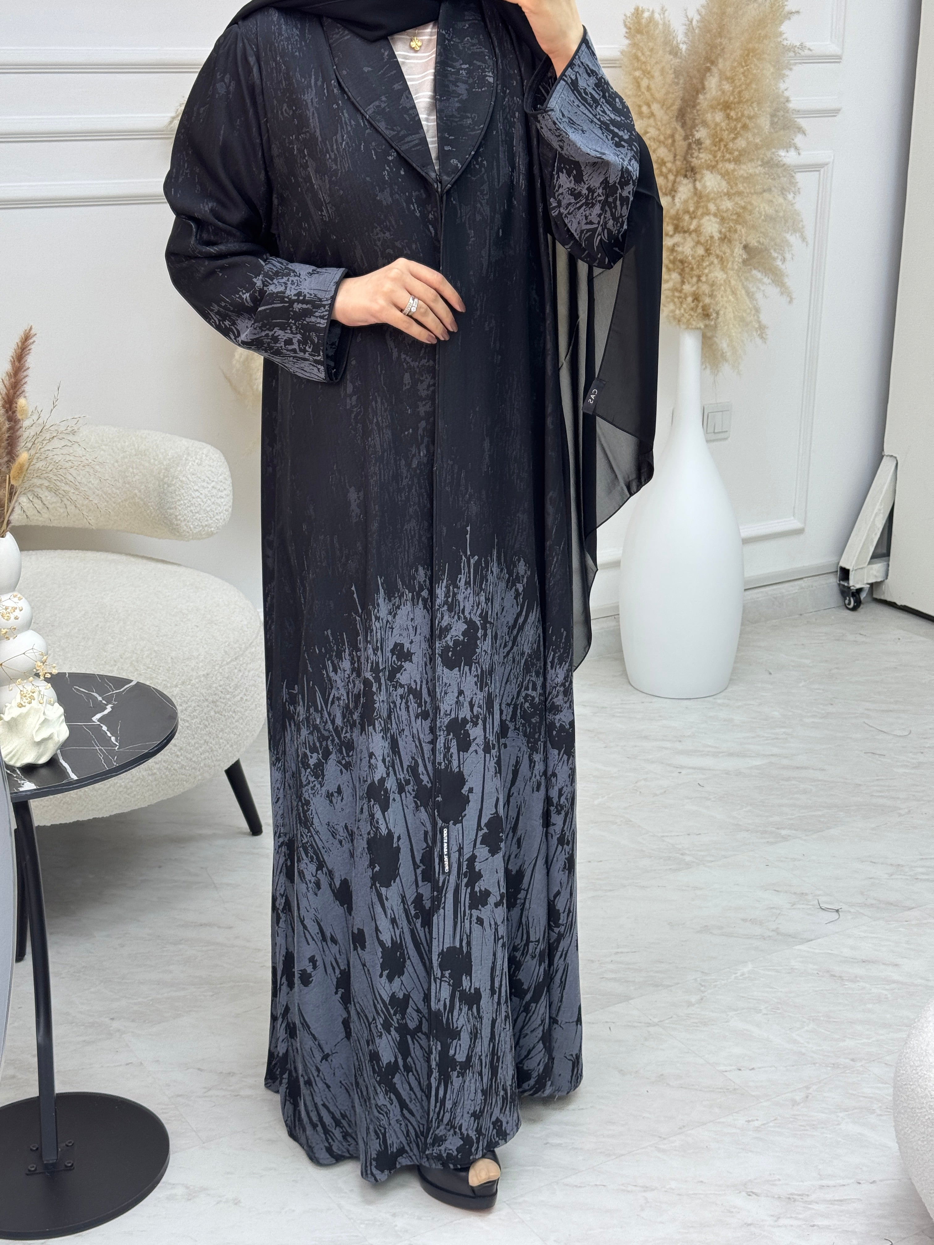 C 1085-01 Grey Black Printed Abaya