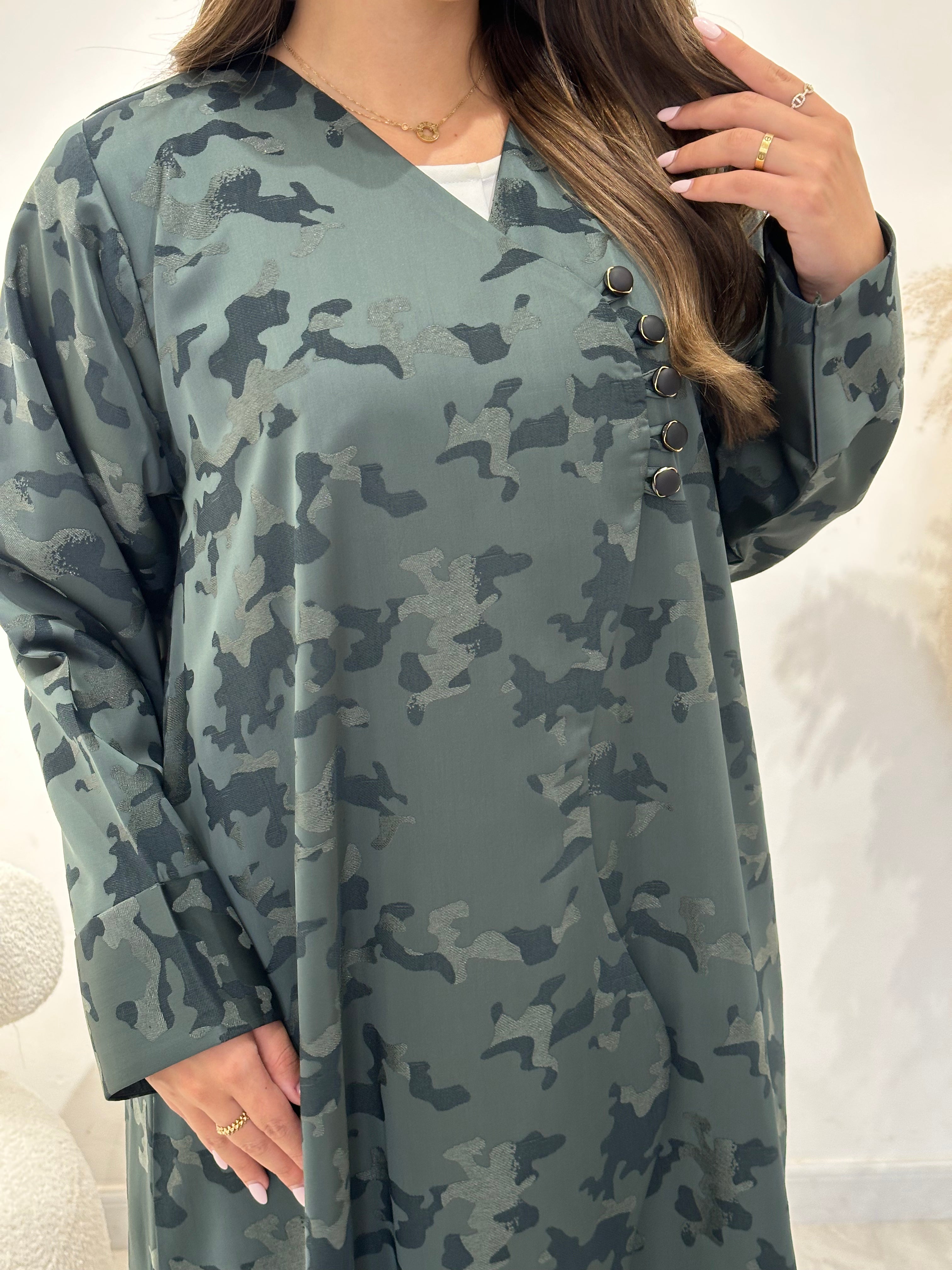 C 1450-01 Teal Army Printed Abaya