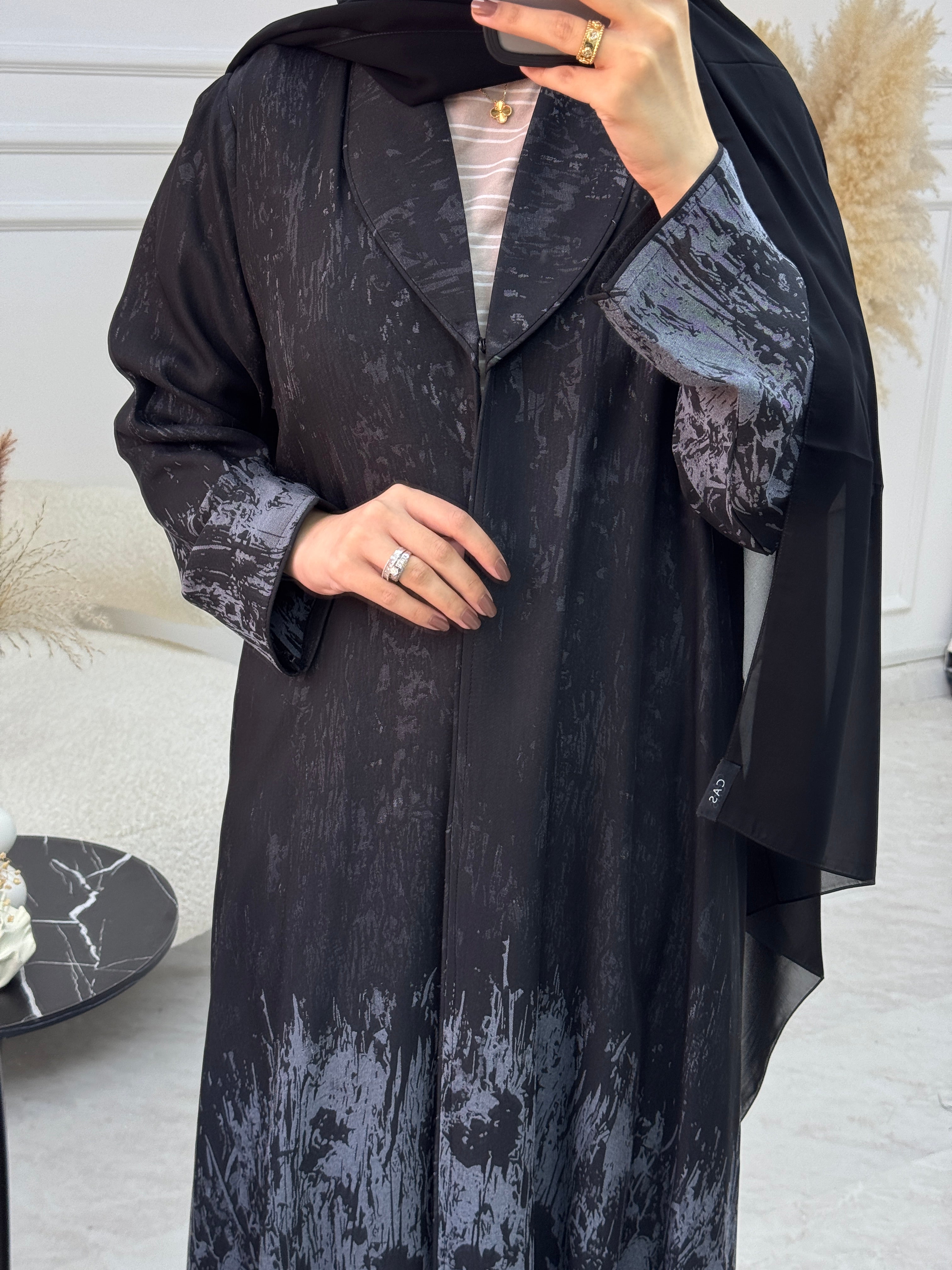 C 1085-01 Grey Black Printed Abaya