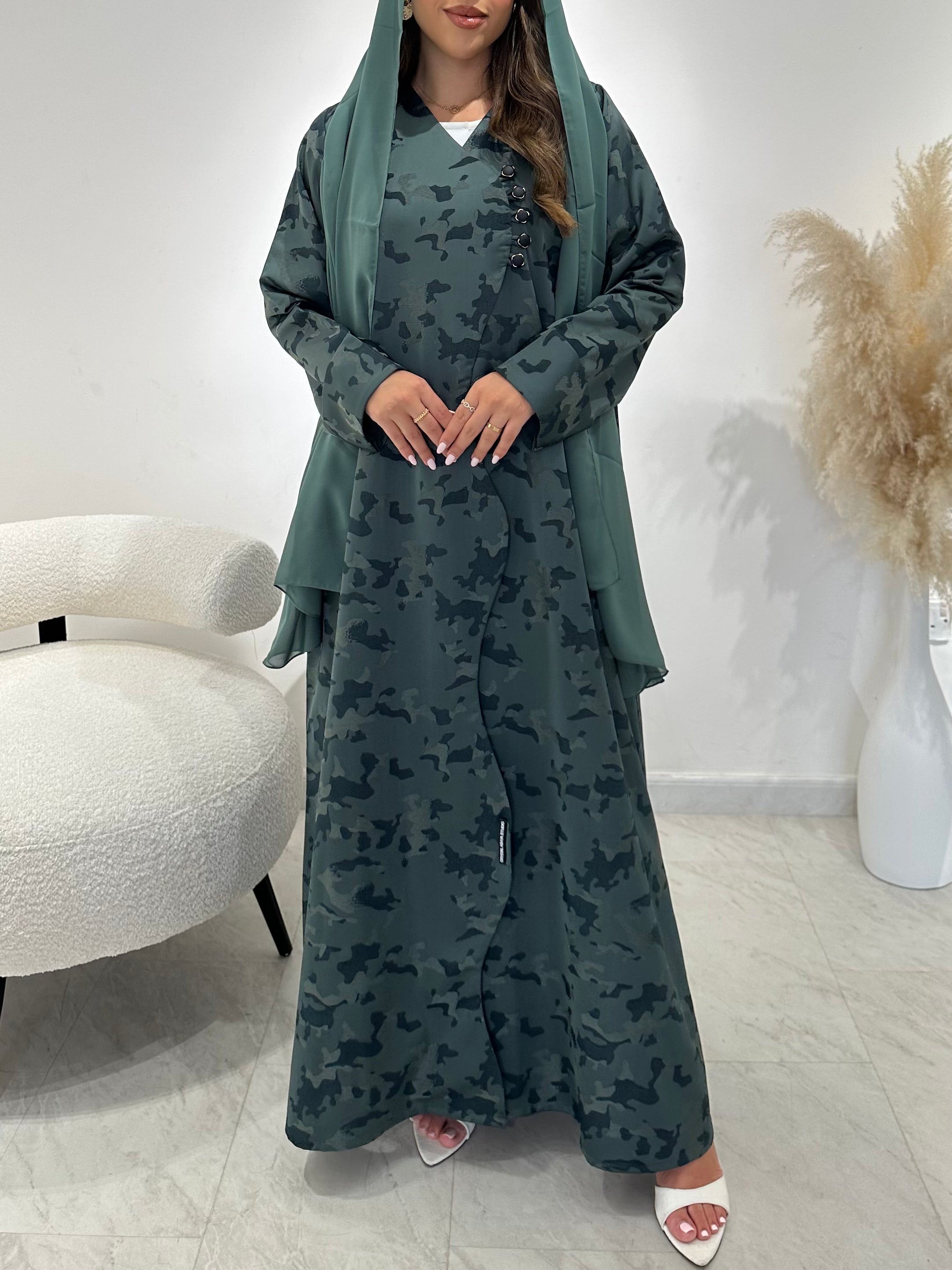 C 1450-01 Teal Army Printed Abaya