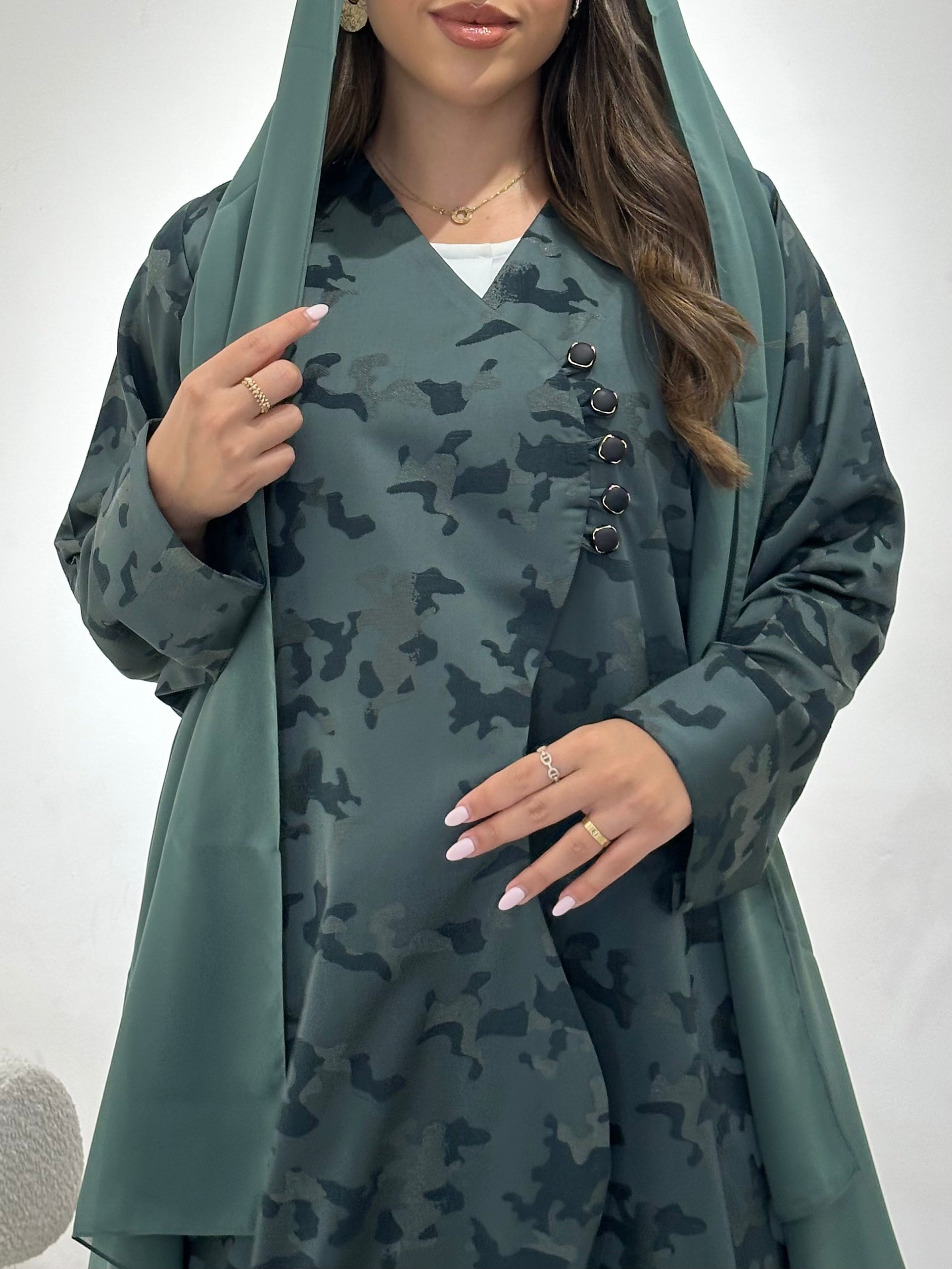 C 1450-01 Teal Army Printed Abaya