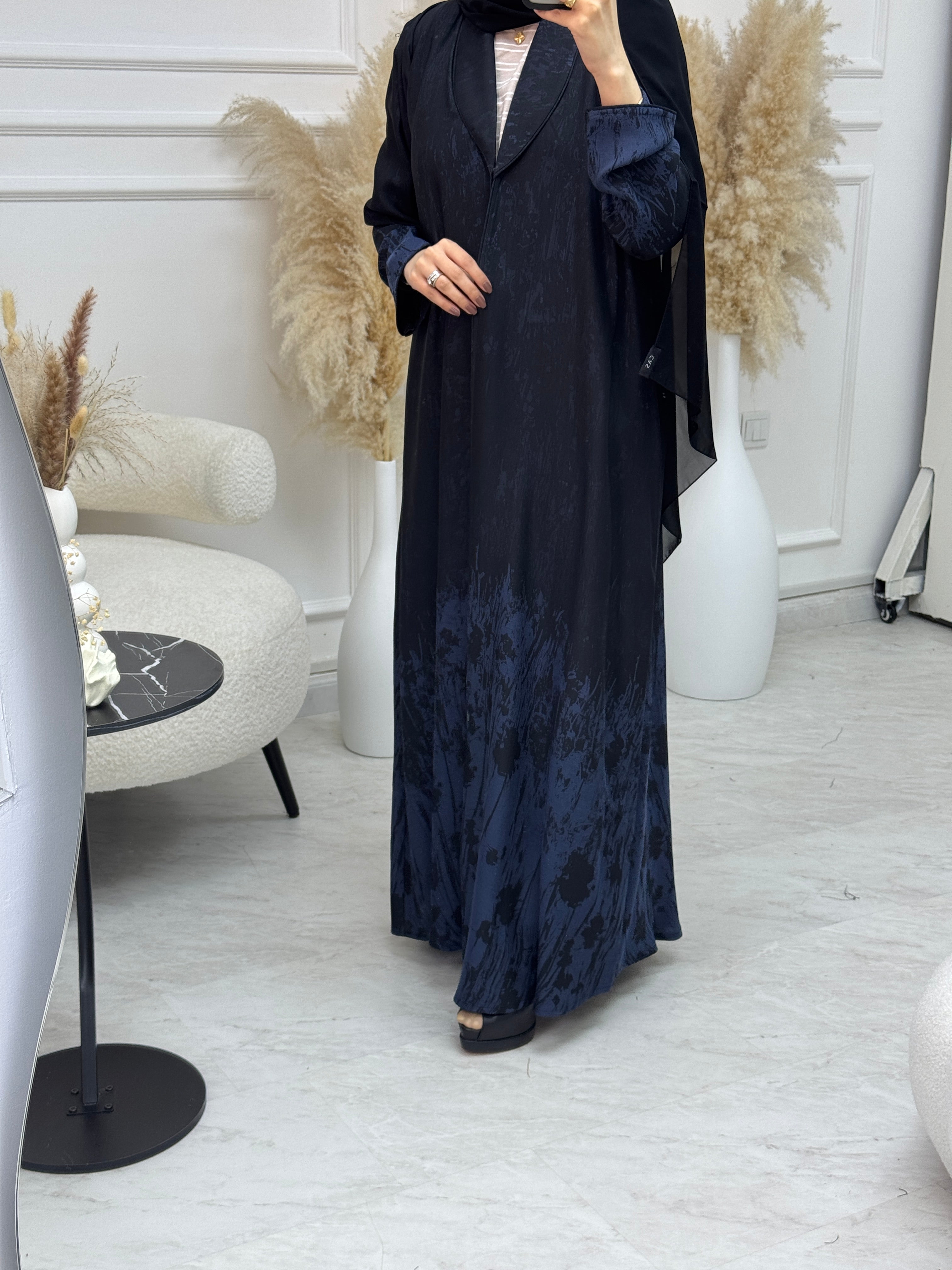 C 1085-02 Blue Black Printed Abaya