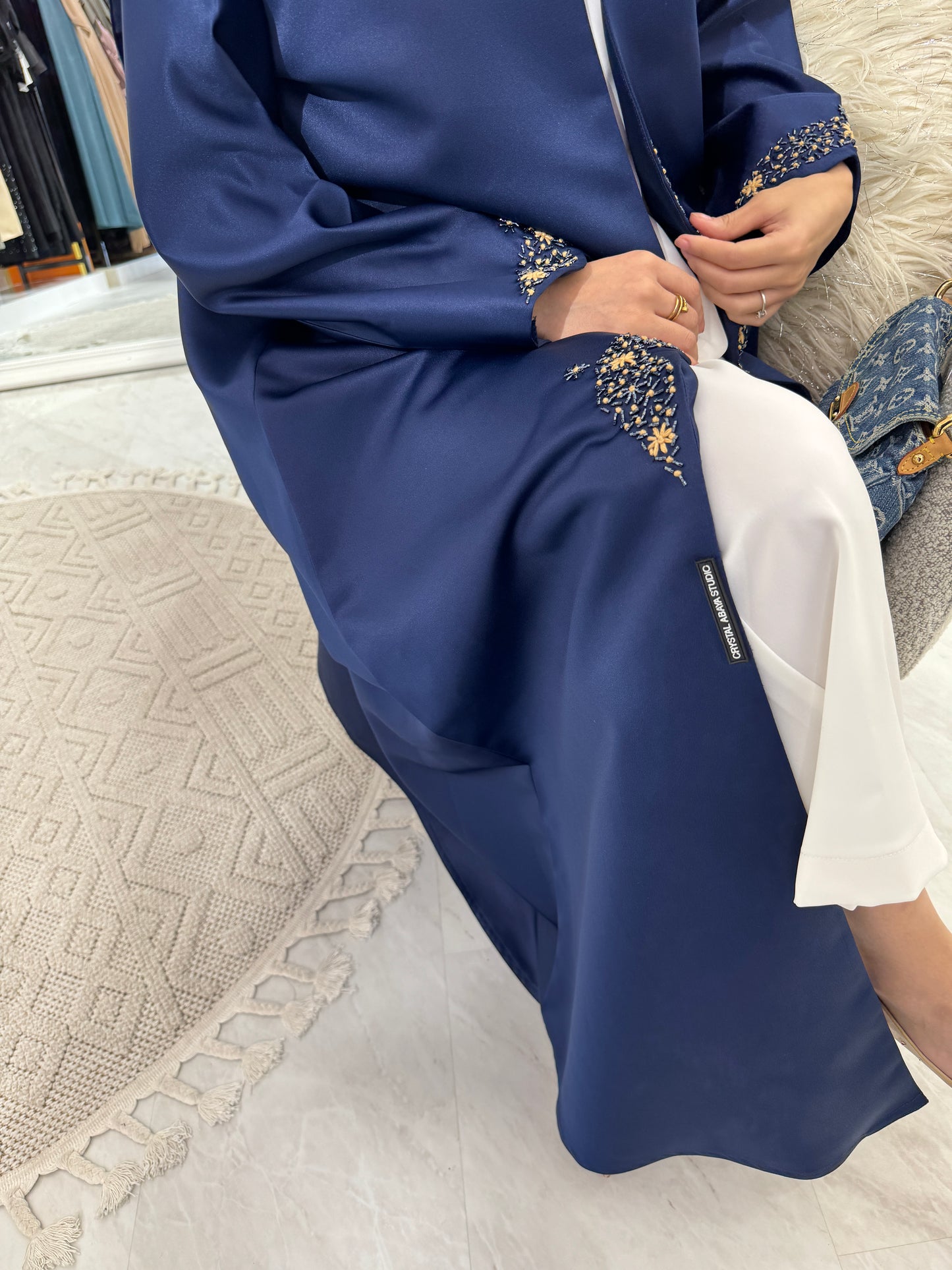 C Blue Beige Satin Eid Abaya