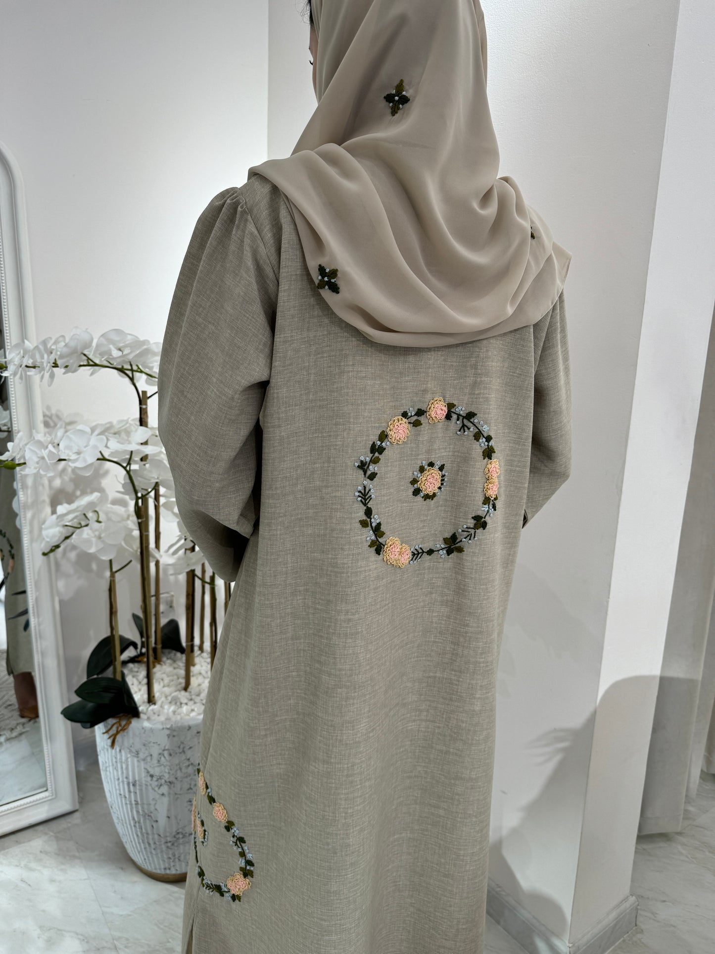 C Beige Floral Linen Embroidery Eid Abaya Set