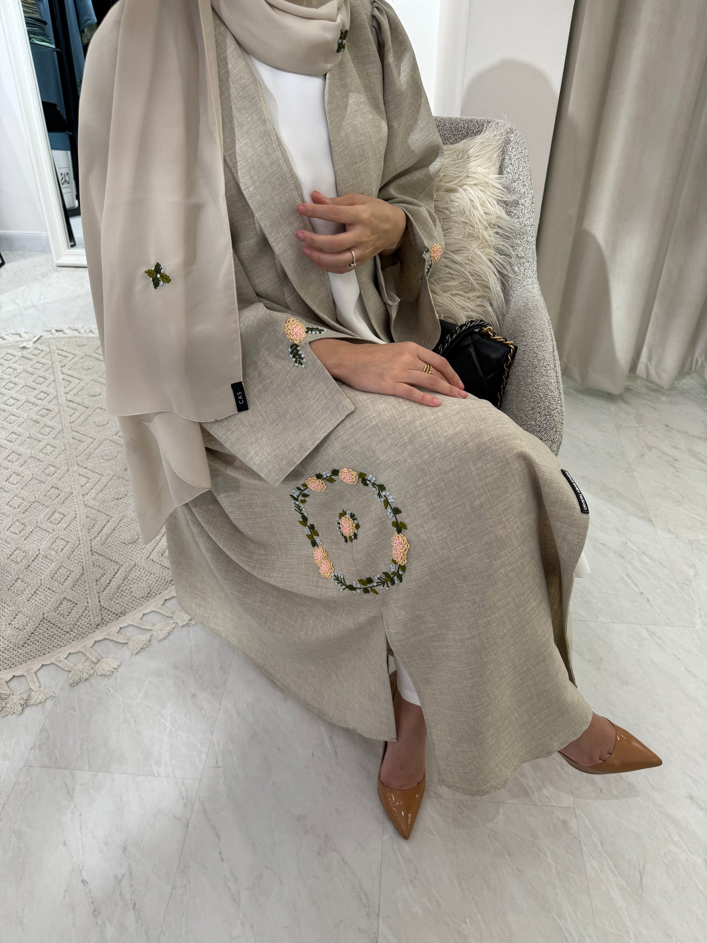 C Beige Floral Linen Embroidery Eid Abaya Set