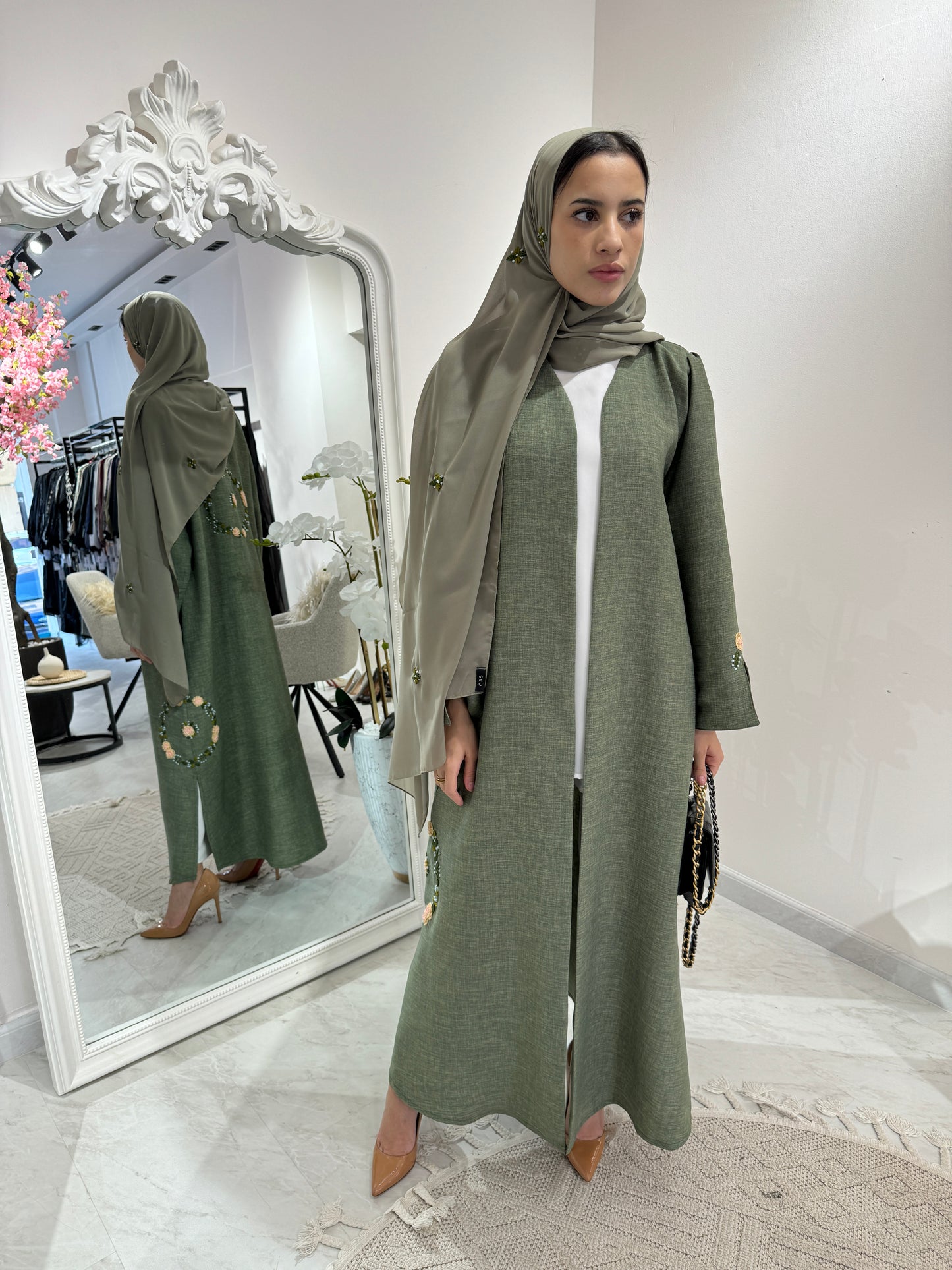 C Green Floral Linen Embroidery Eid Abaya Set