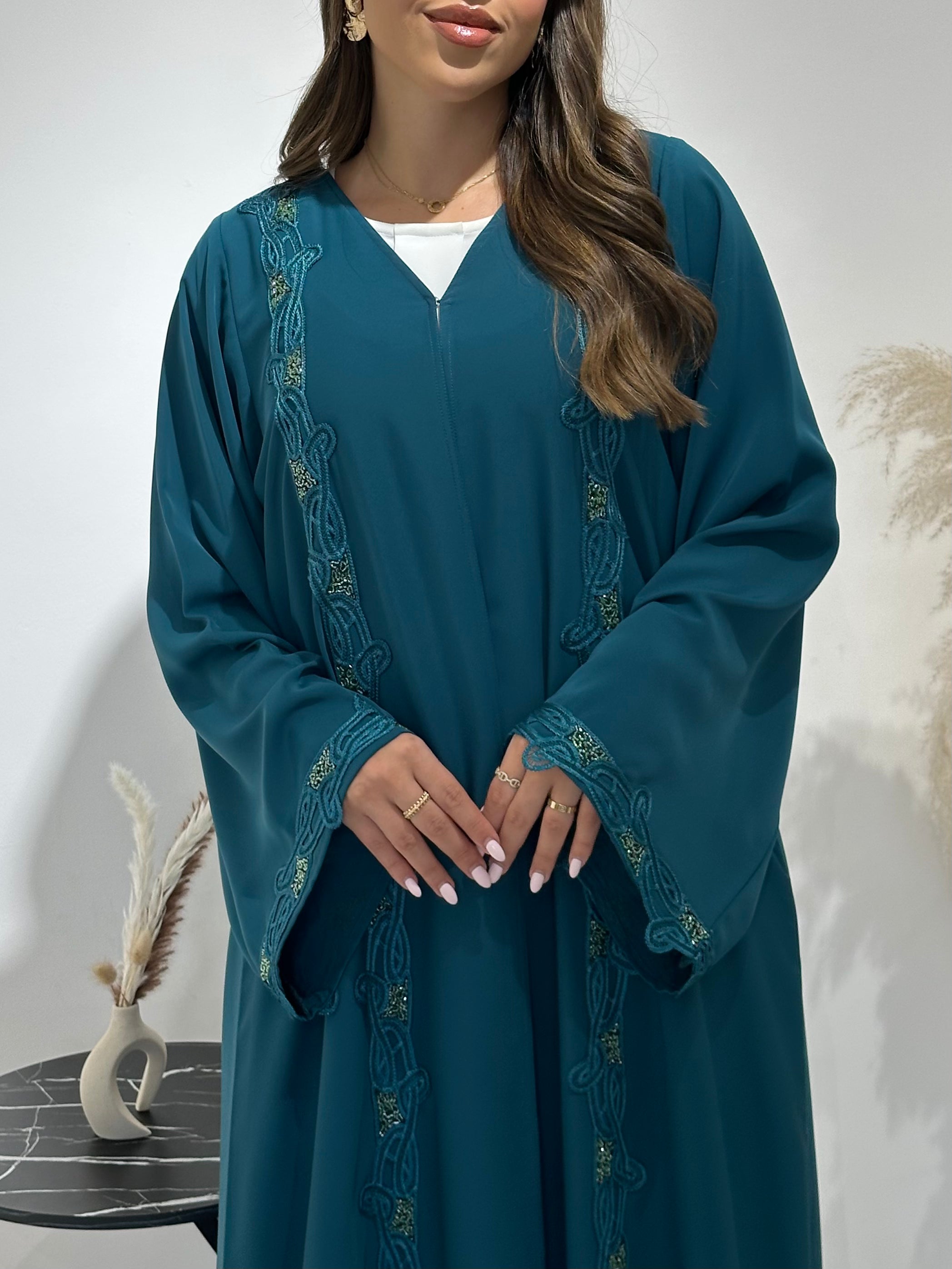 C 1442  Teal Beaded Lace Abaya