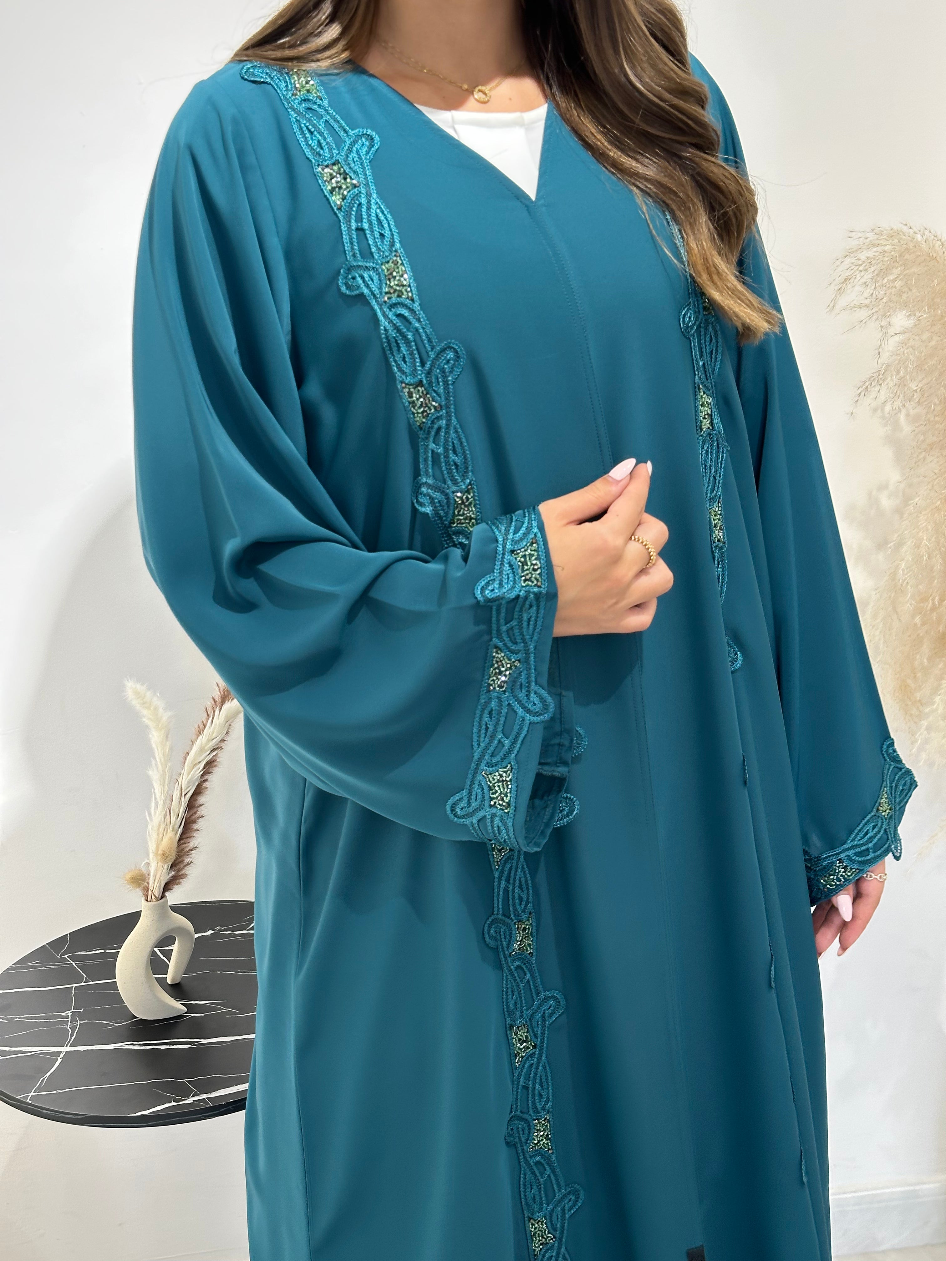 C 1442  Teal Beaded Lace Abaya