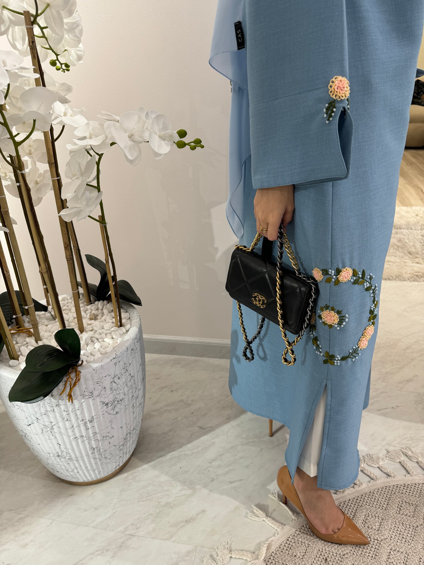 C Blue Floral Linen Embroidery Eid Abaya Set