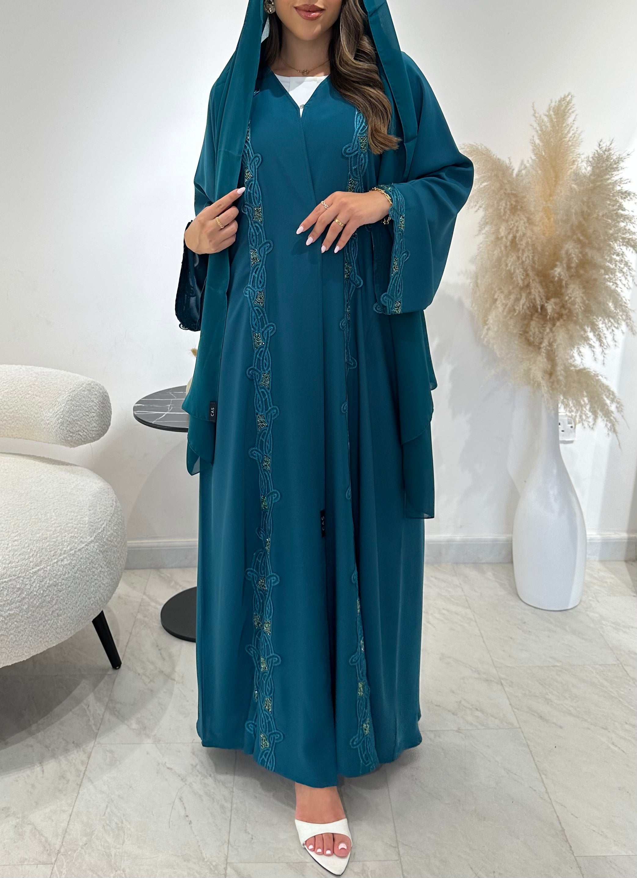 C 1442  Teal Beaded Lace Abaya