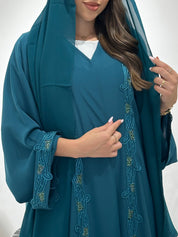 C 1442  Teal Beaded Lace Abaya