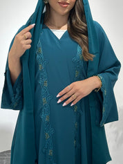 C 1442  Teal Beaded Lace Abaya