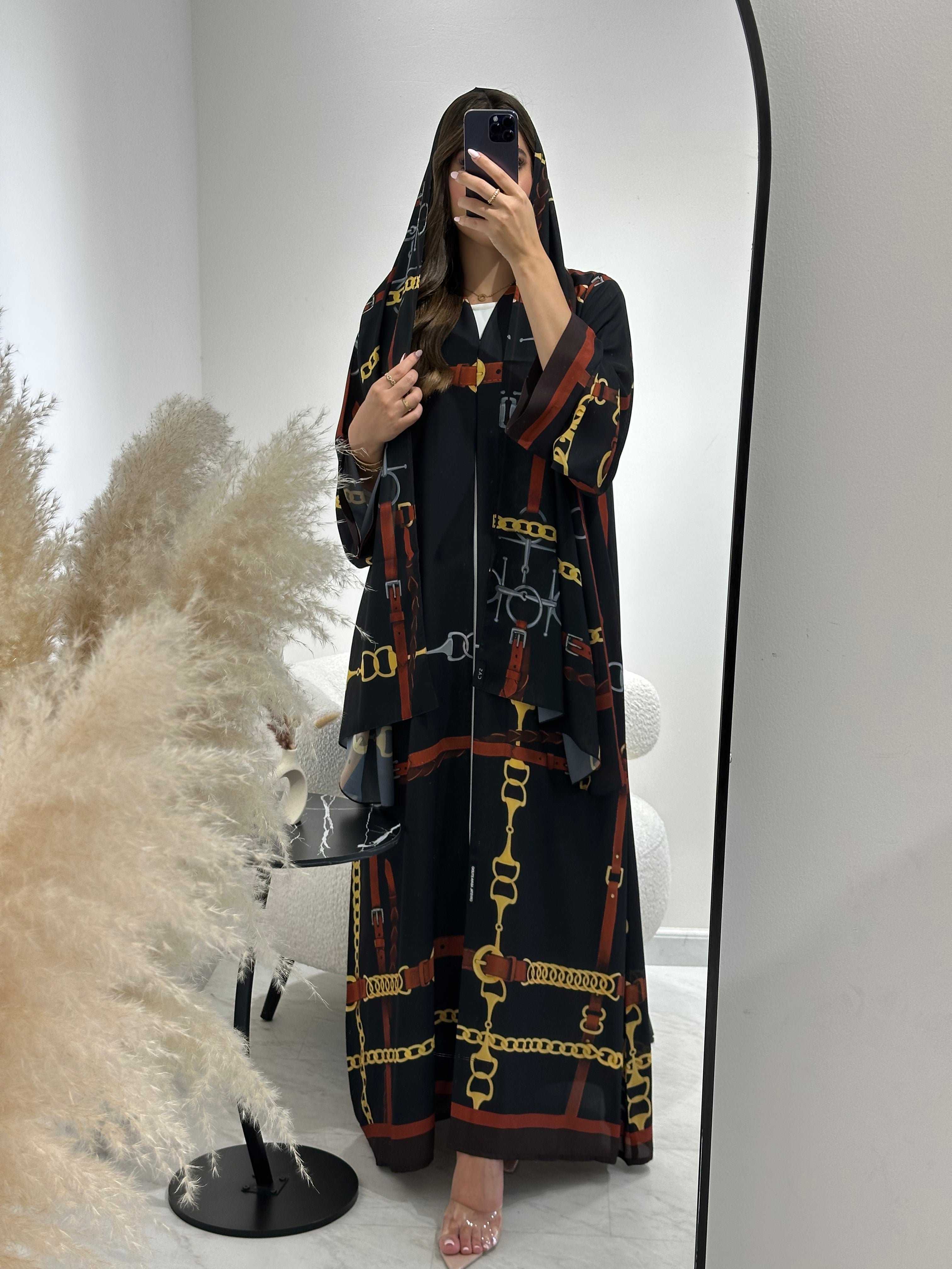C 1436 Black Belts Printed Abaya