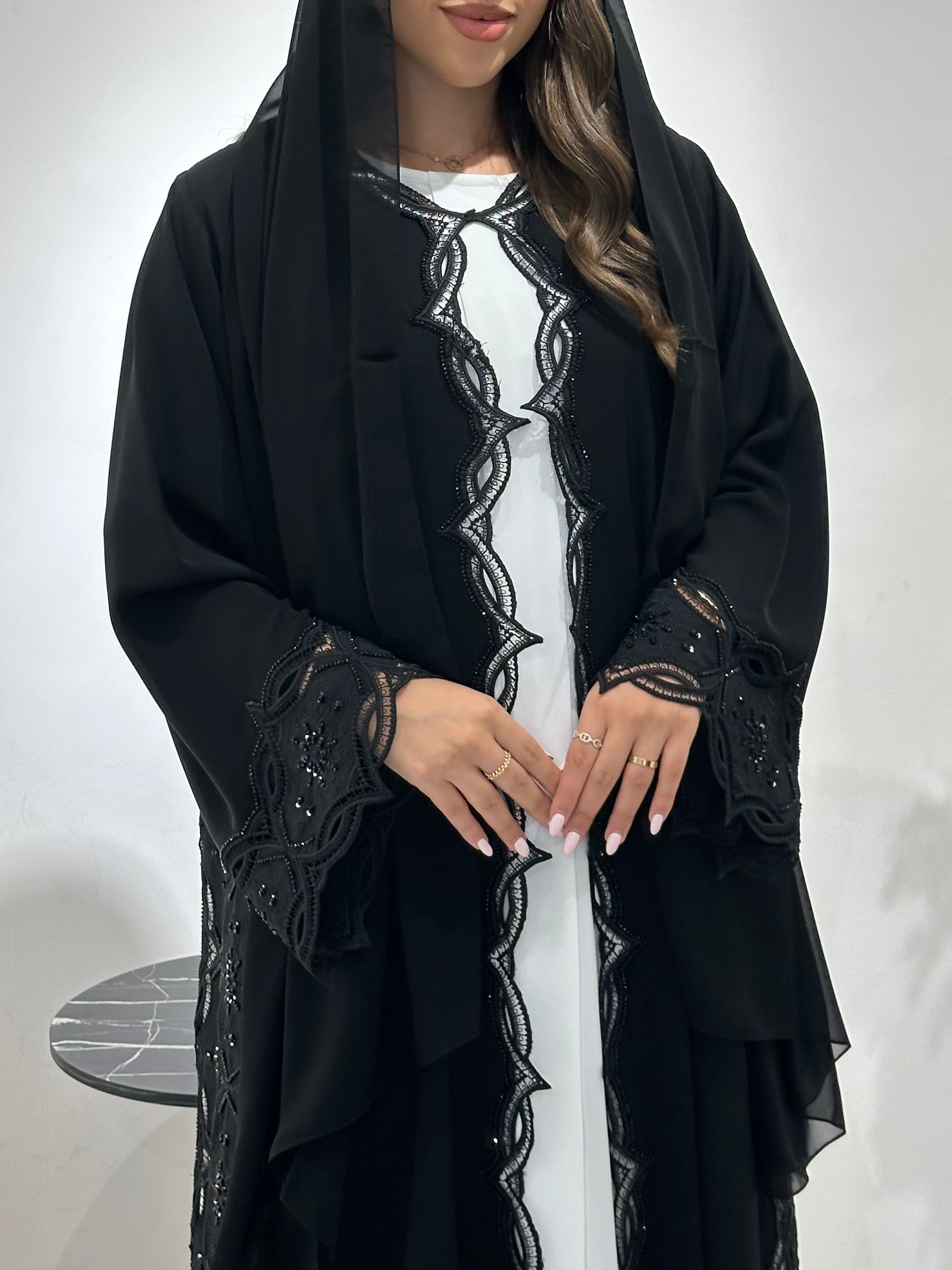 C 1422 Black Beaded Lace Abaya