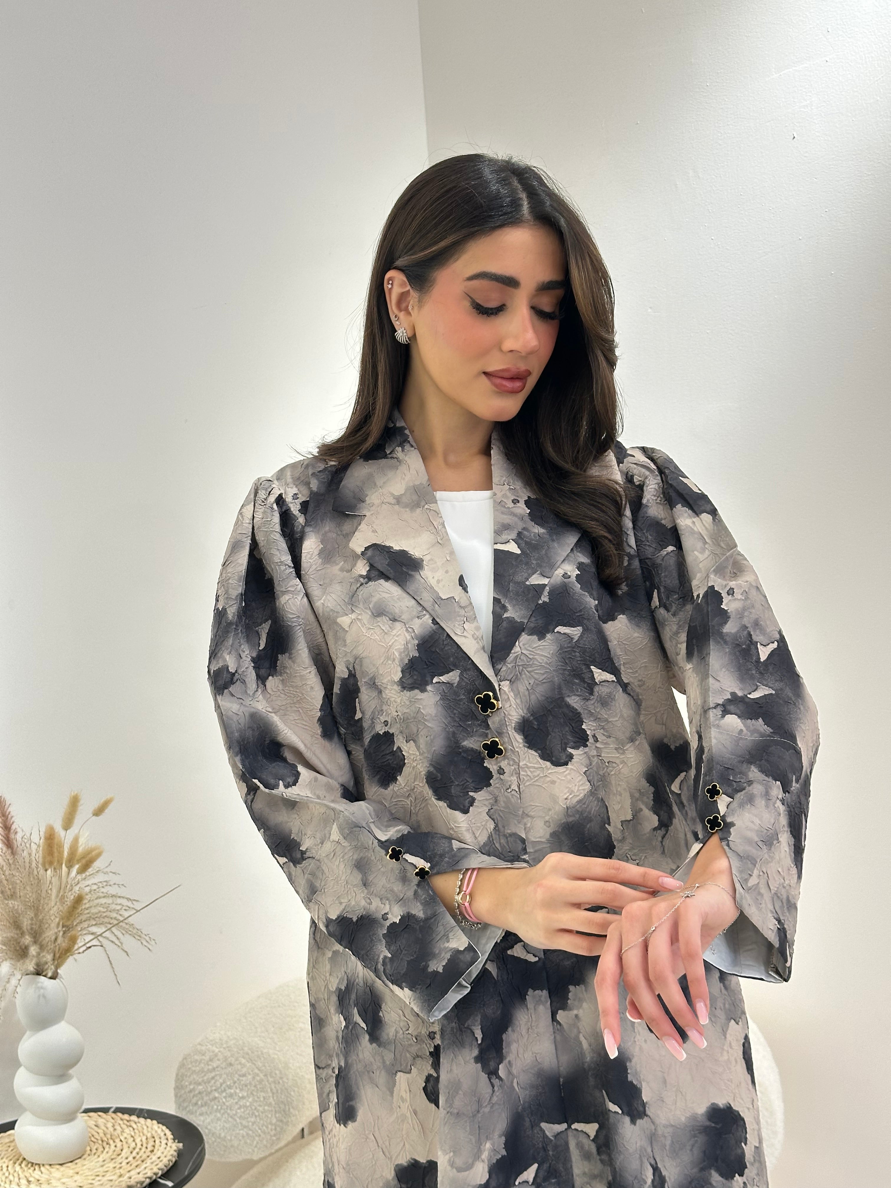 C 1025 Beige Black Printed Abaya