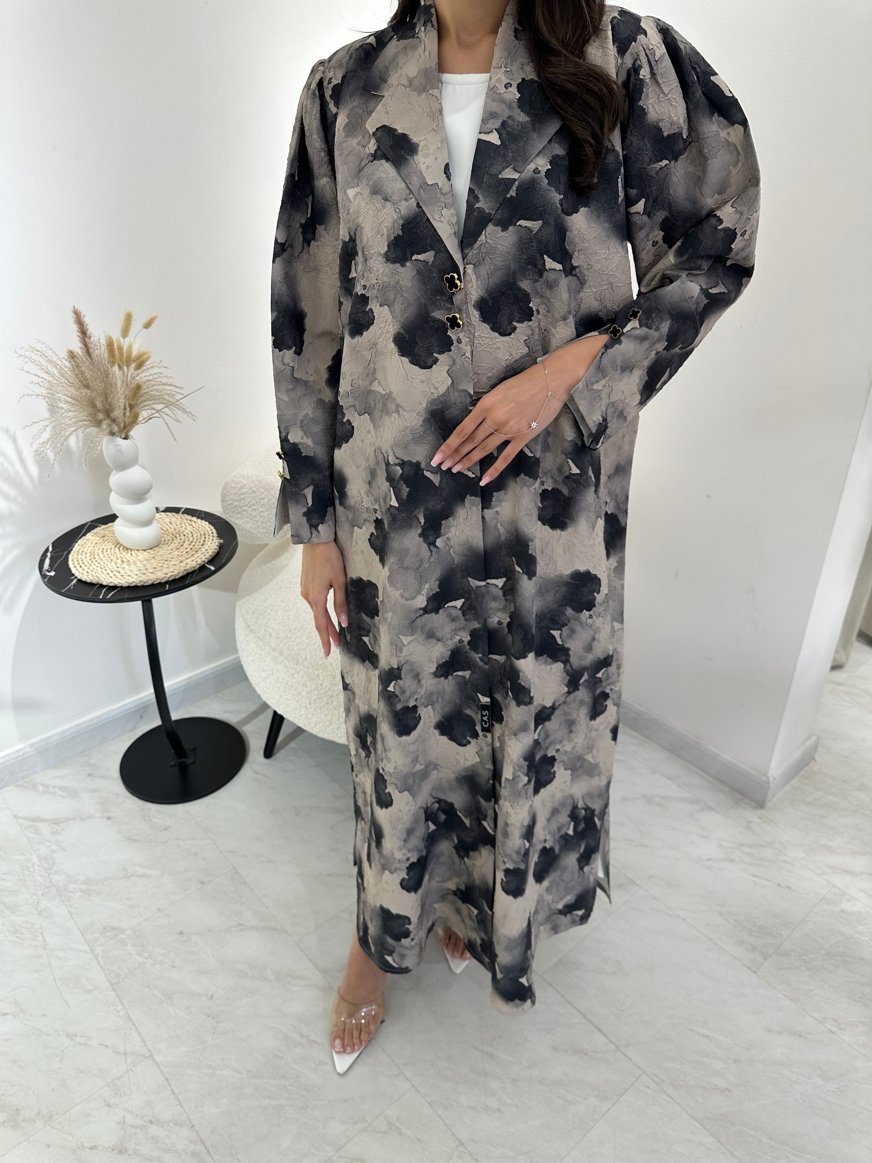C 1025 Beige Black Printed Abaya
