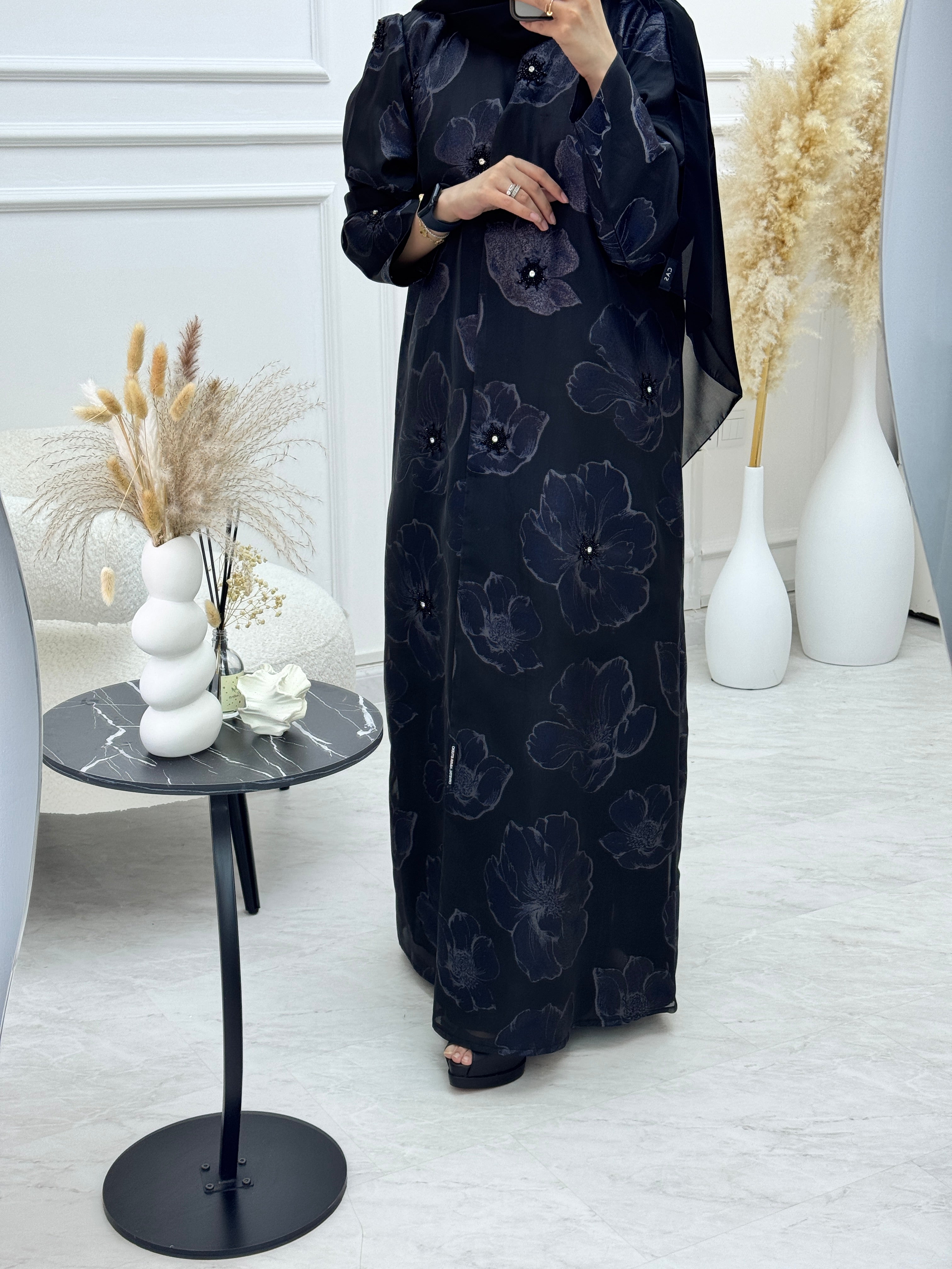 C 1135 Black Blue Organza Abaya