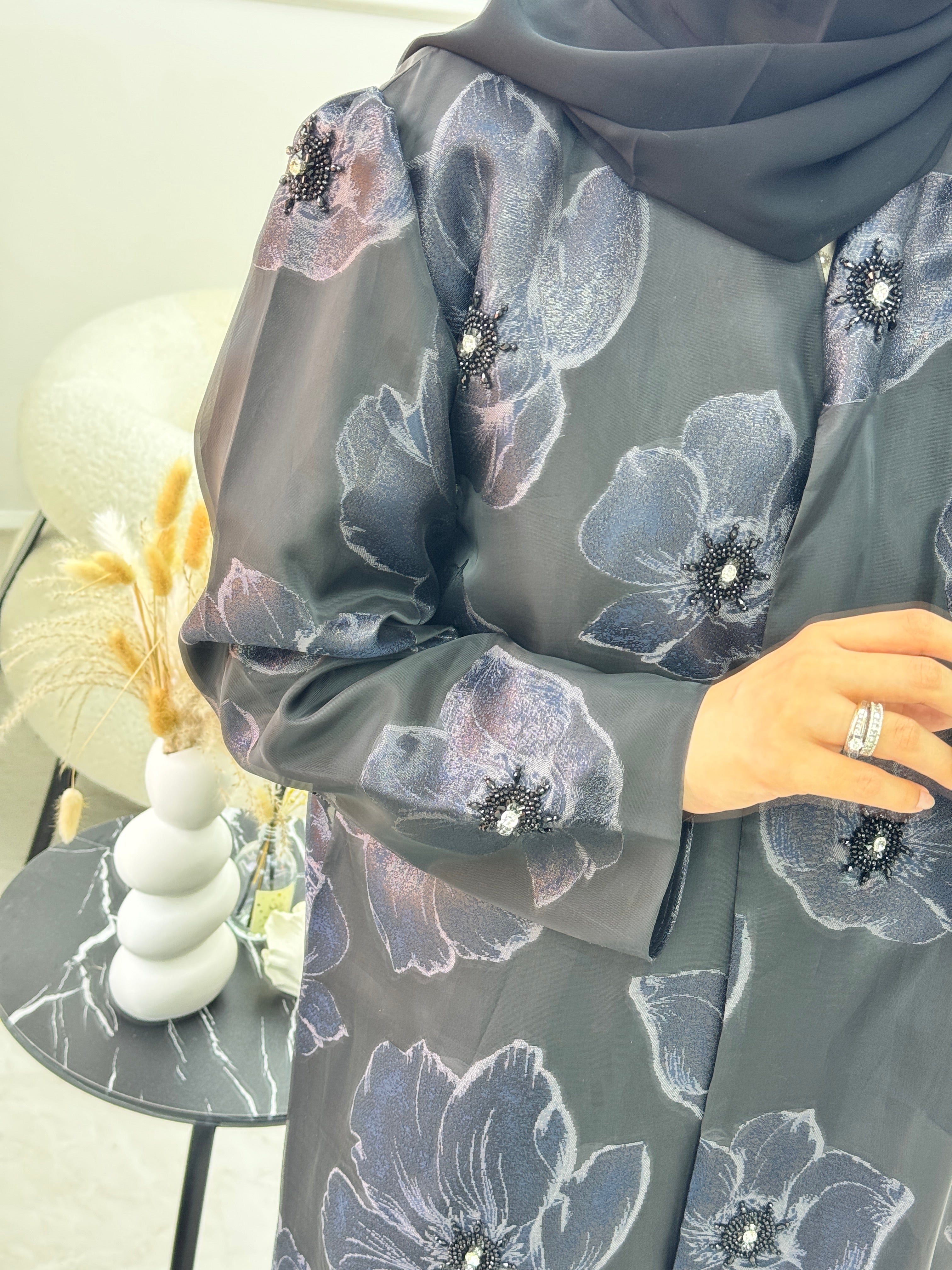 C 1135 Black Blue Organza Abaya