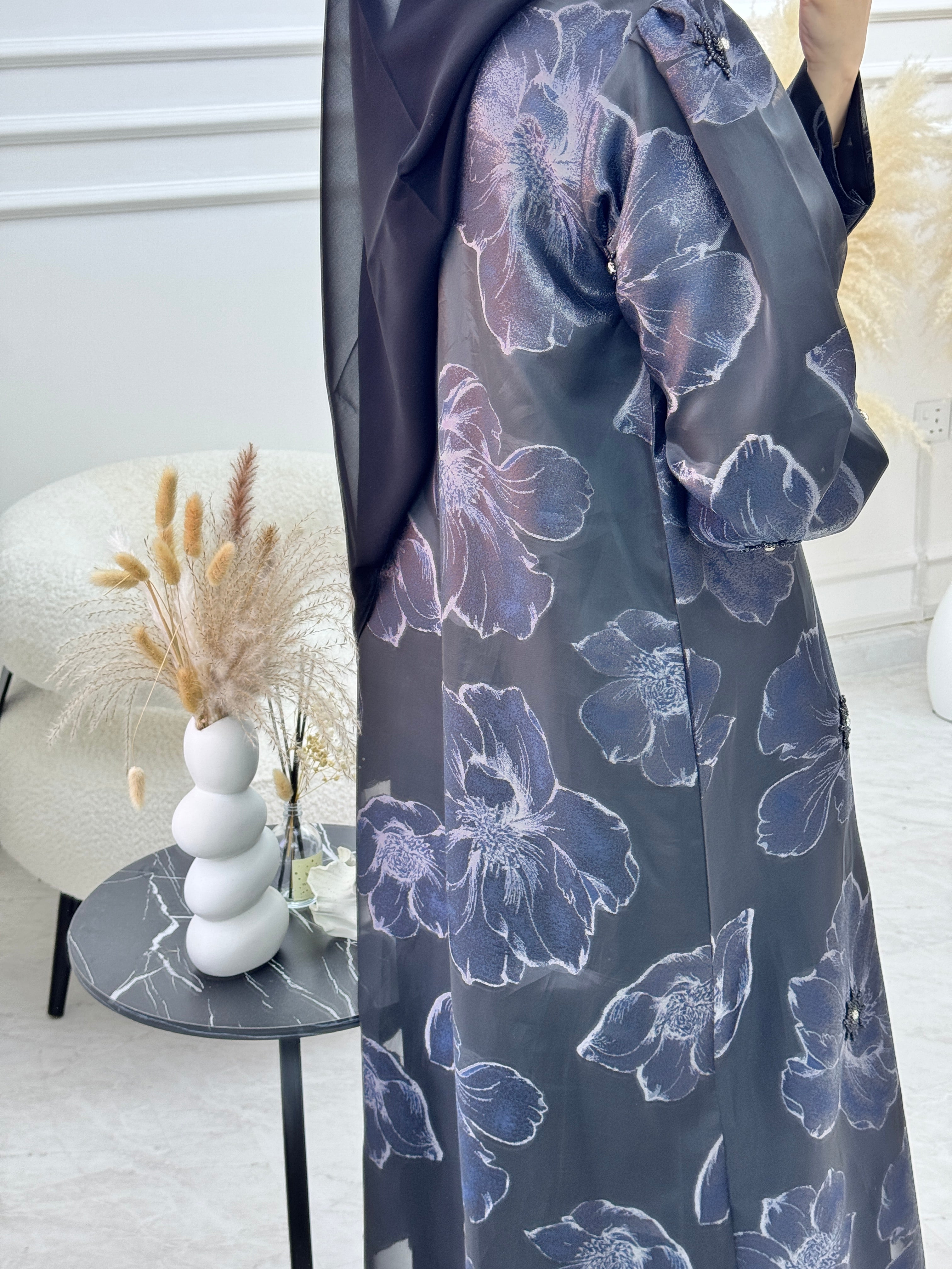 C 1135 Black Blue Organza Abaya