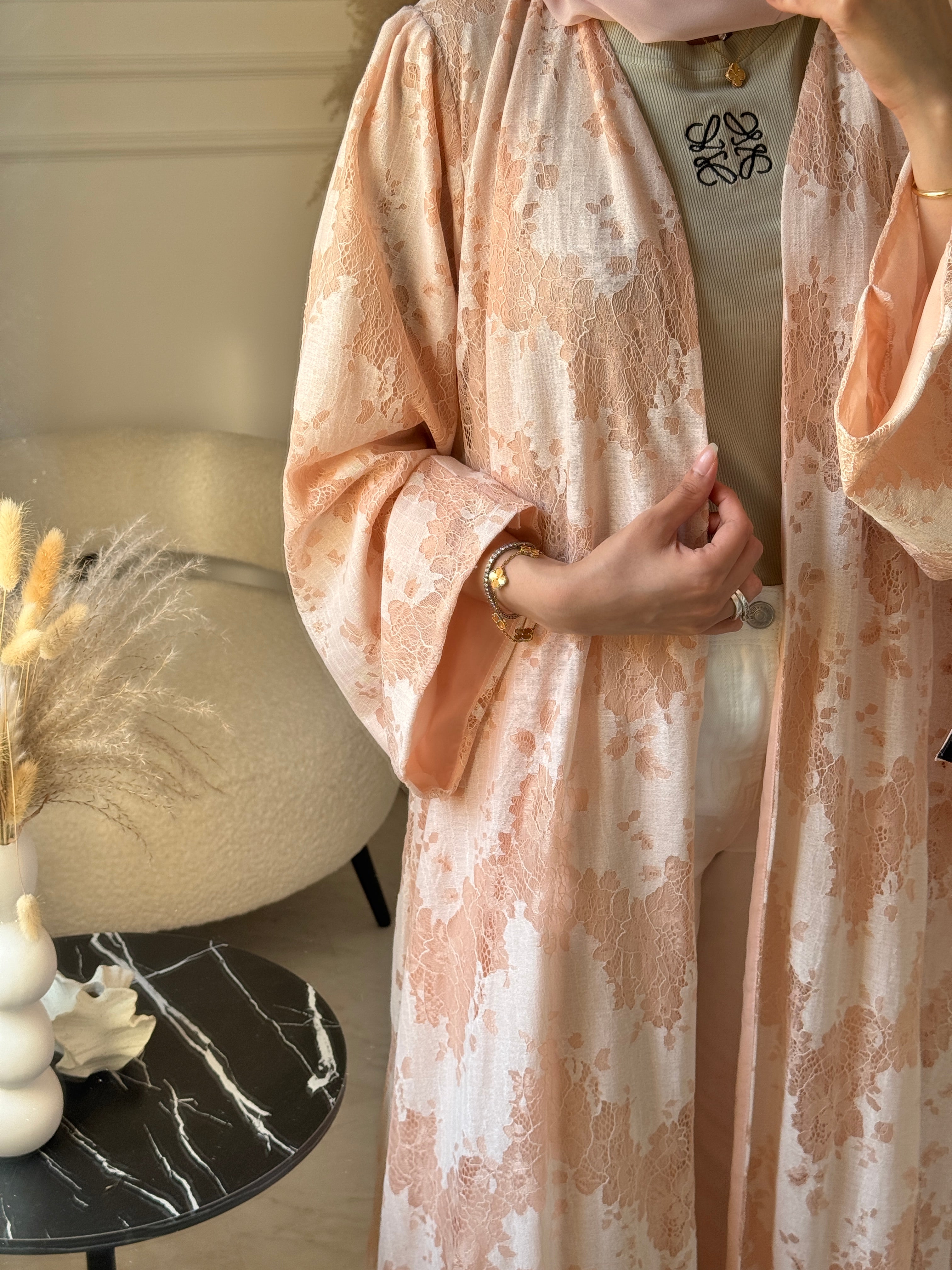 C 1179 Peach Dantel Abaya