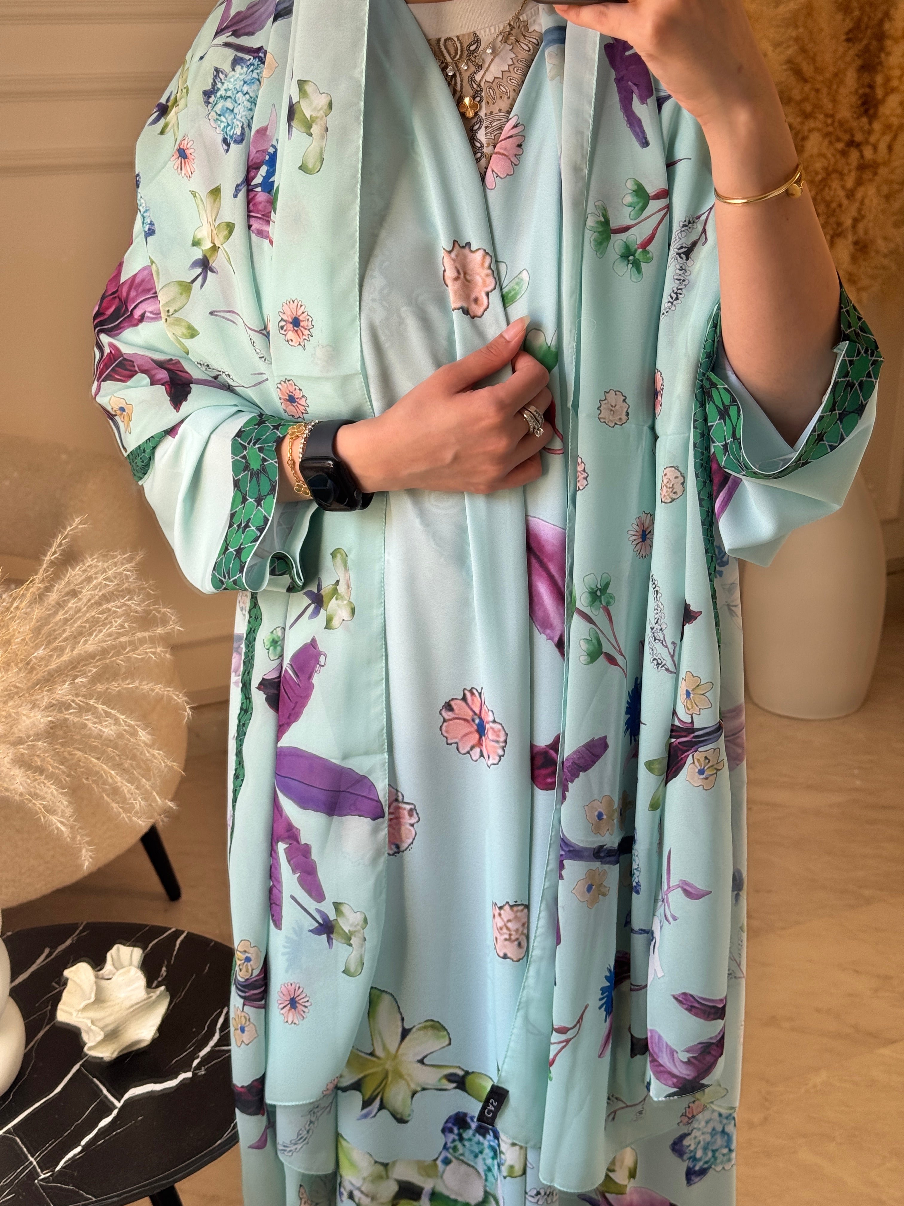 C 1208 Green Printed Abaya
