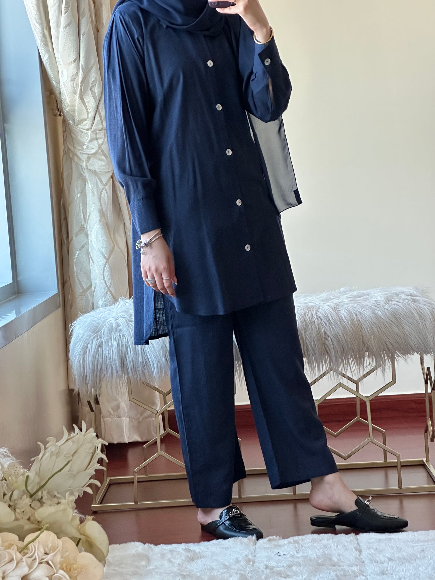 C-Navy Blue Summer Linen Travel Abaya Set