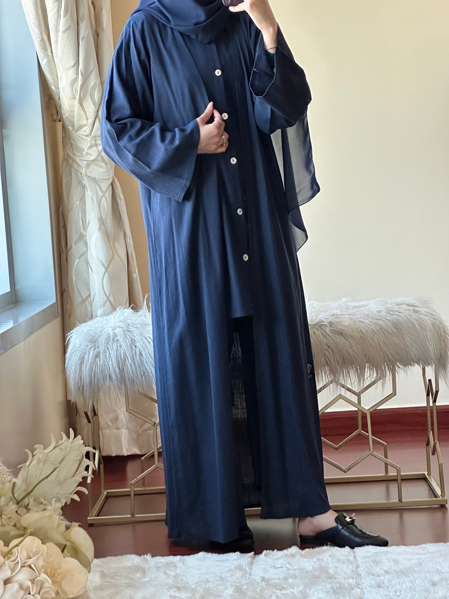 C-Navy Blue Summer Linen Travel Abaya Set