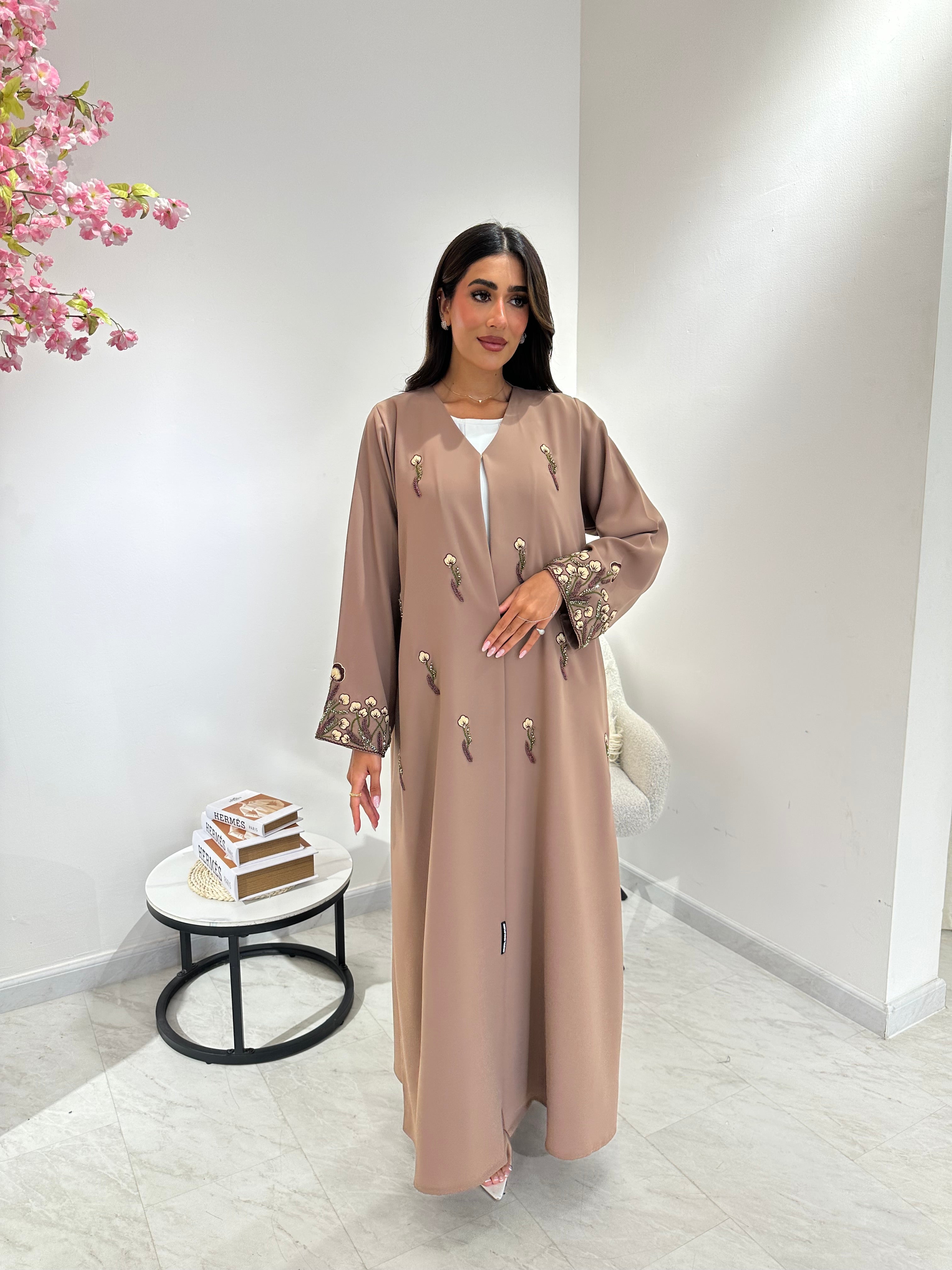C 1049 Beige Beaded Abaya