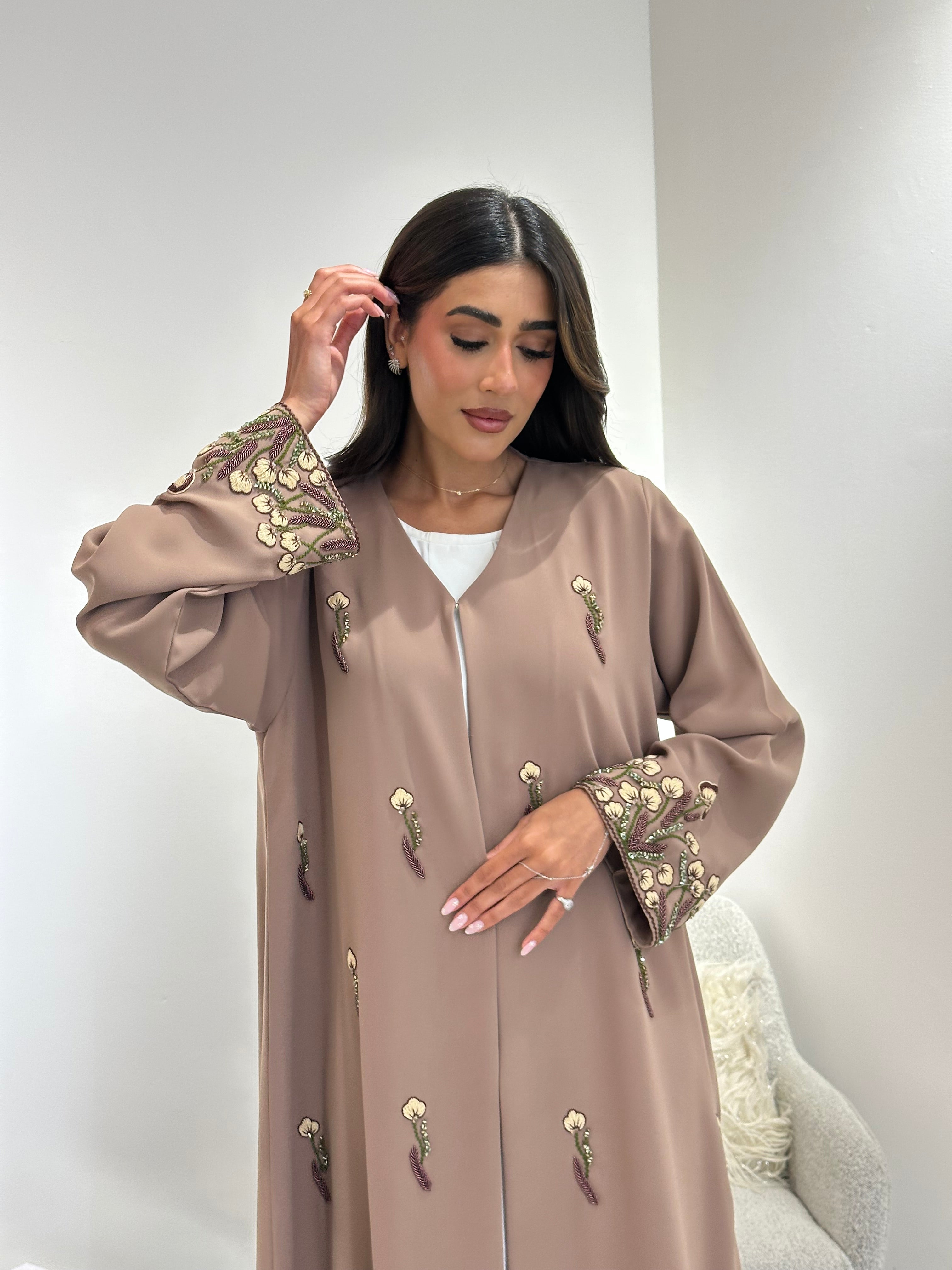 C 1049 Beige Beaded Abaya