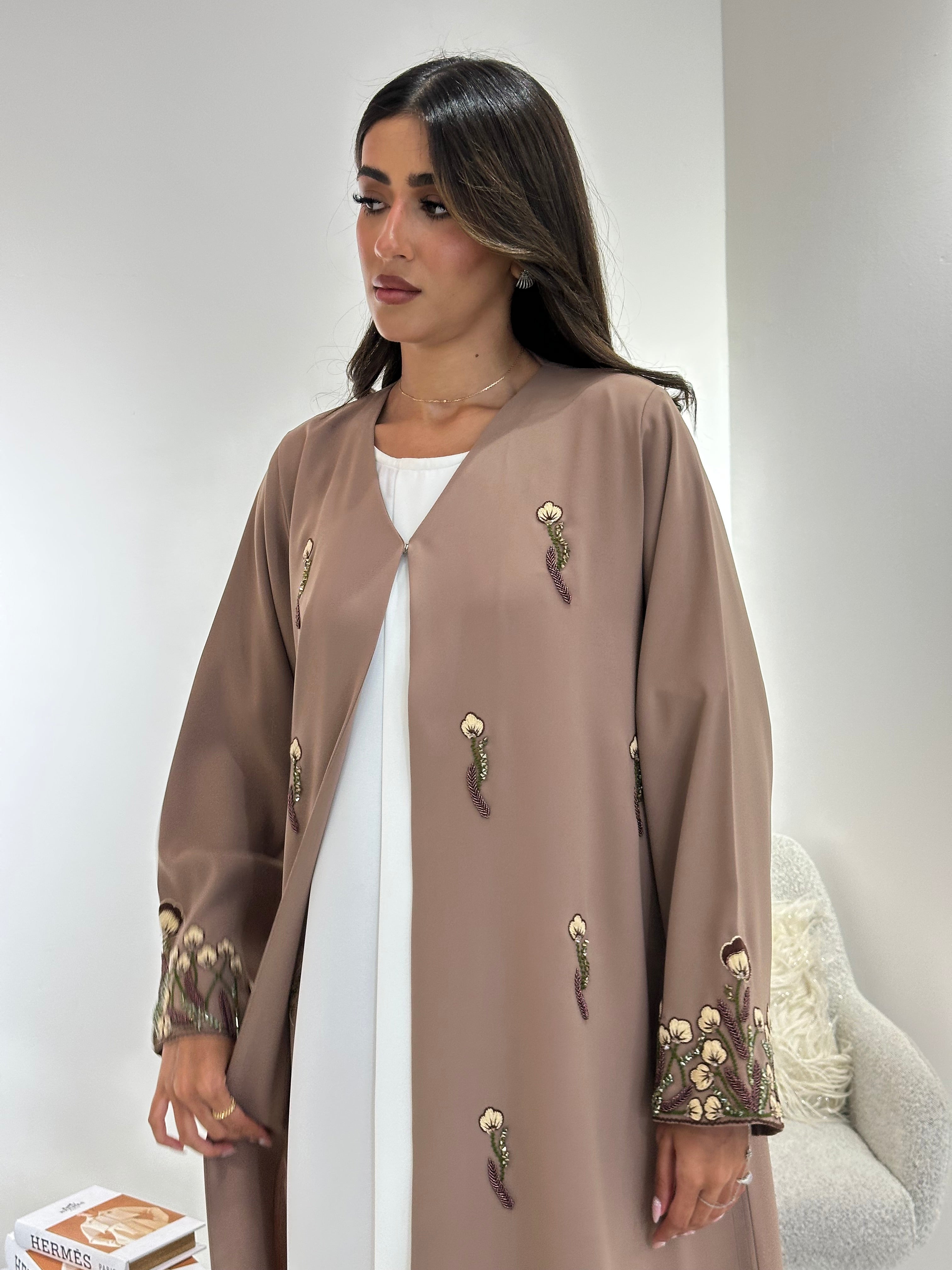 C 1049 Beige Beaded Abaya