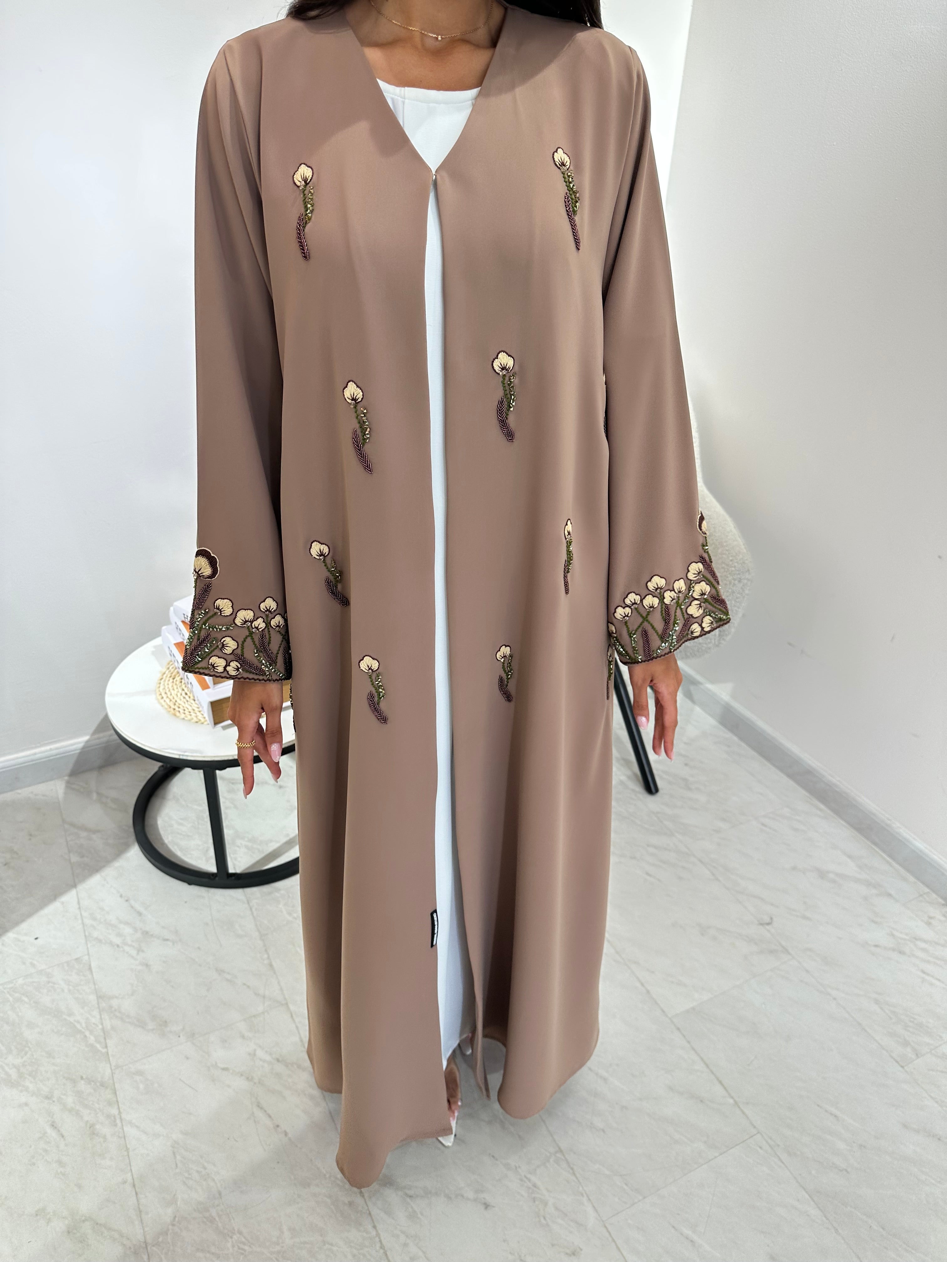 C 1049 Beige Beaded Abaya