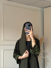 C 0803 Olive Velvet Beaded Abaya
