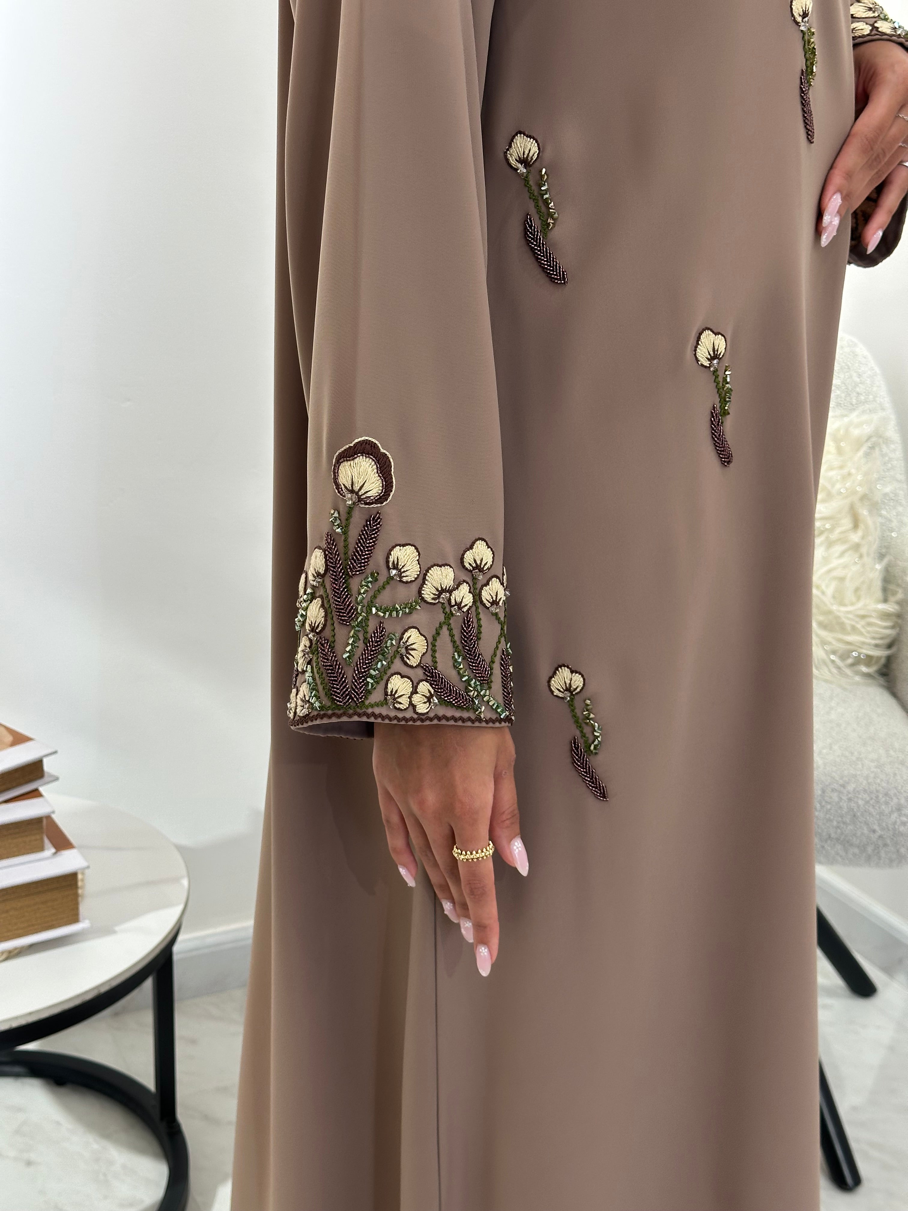 C 1049 Beige Beaded Abaya