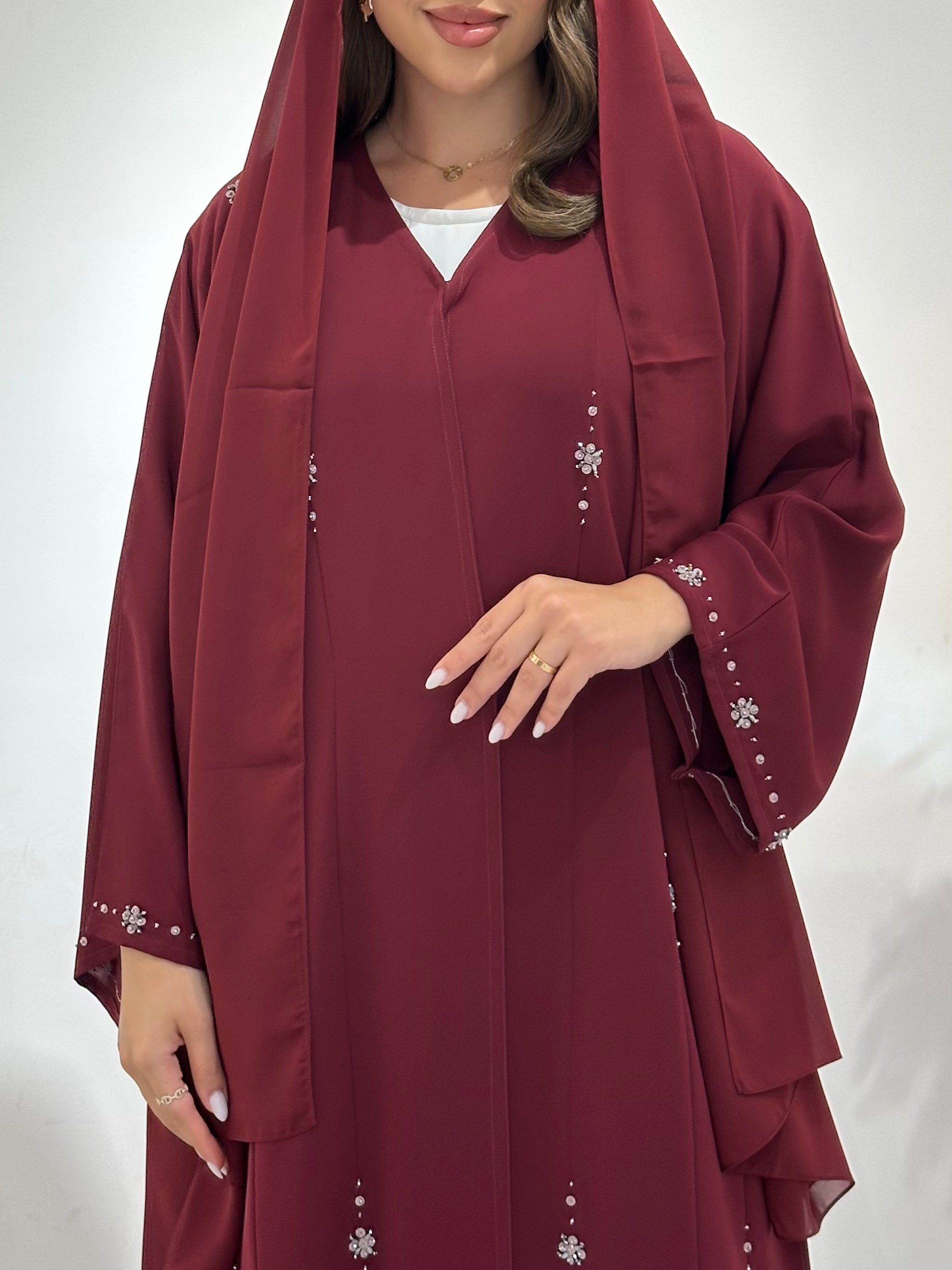 C 1499 Maroon Beaded Abaya