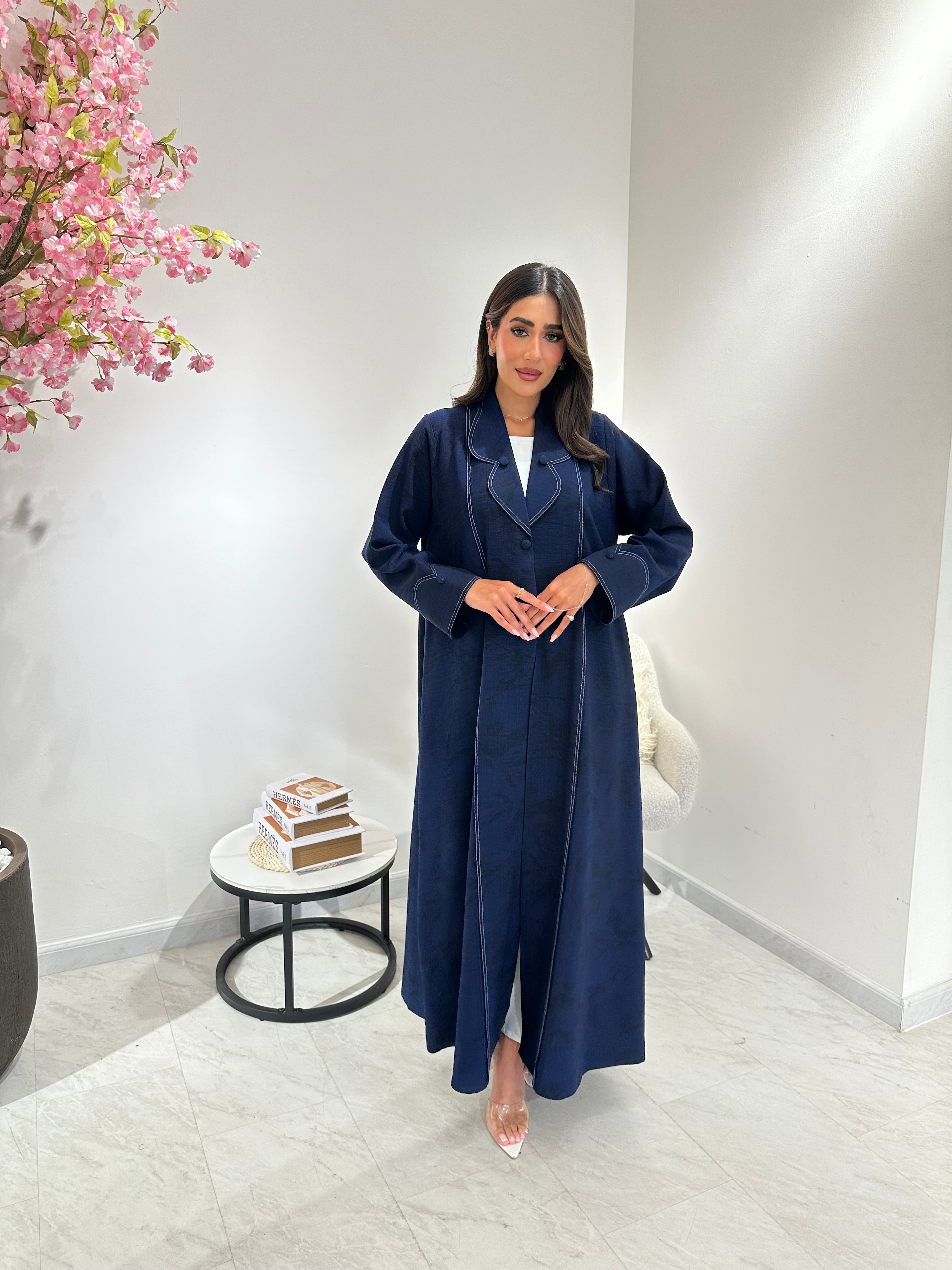 C 1050 Printed Navy Blue Coat Abaya