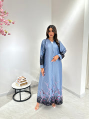 C 1051 Beaded Printed Blue Abaya