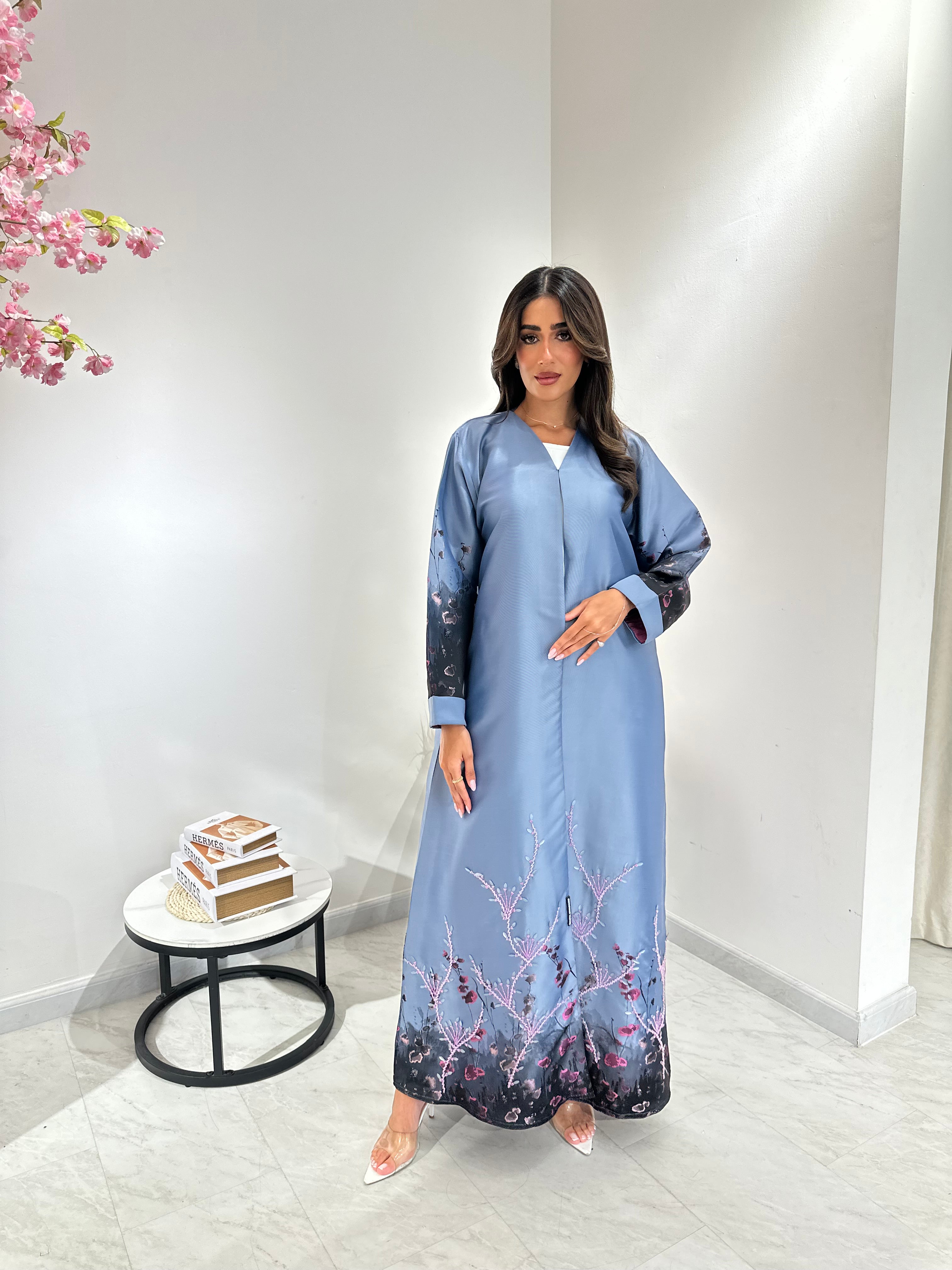 C 1051 Beaded Printed Blue Abaya