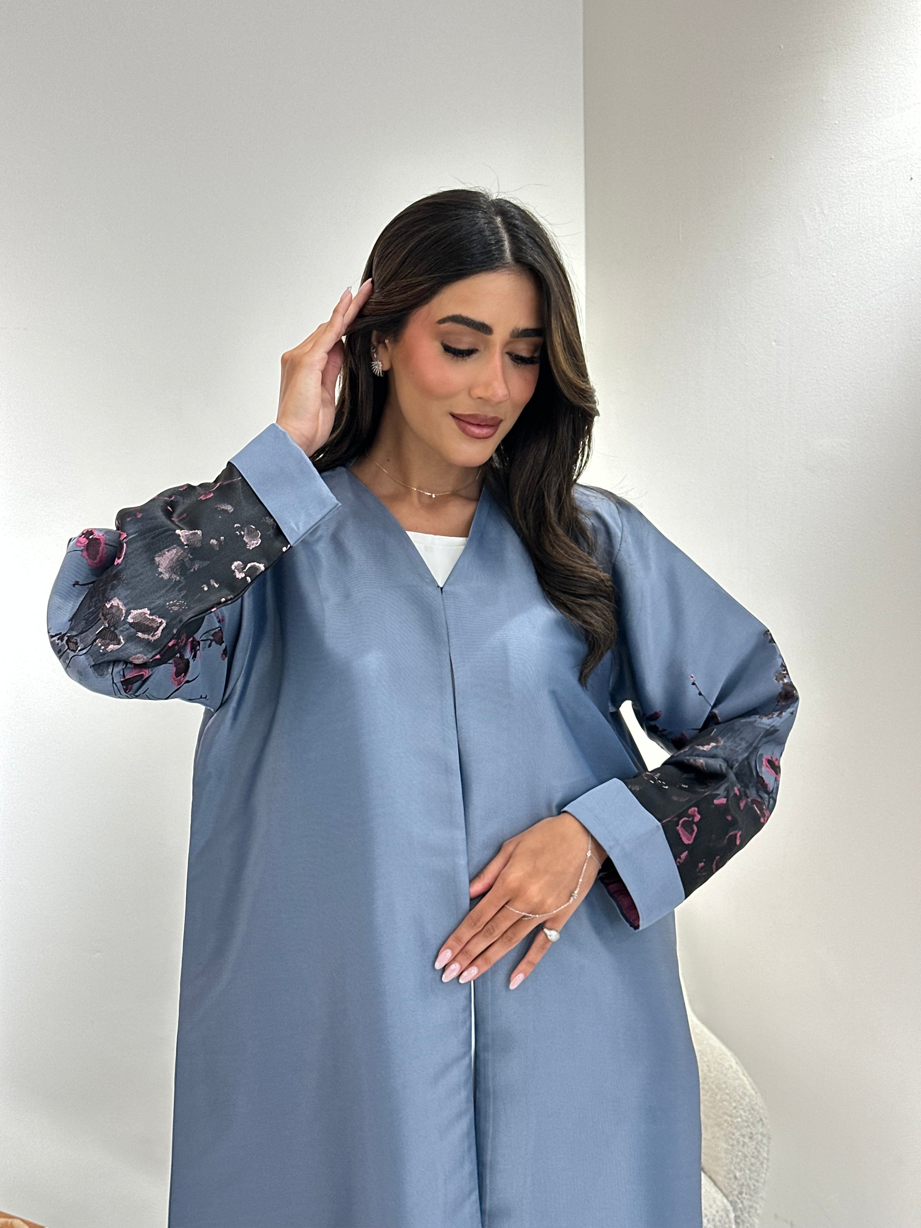 C 1051 Beaded Printed Blue Abaya