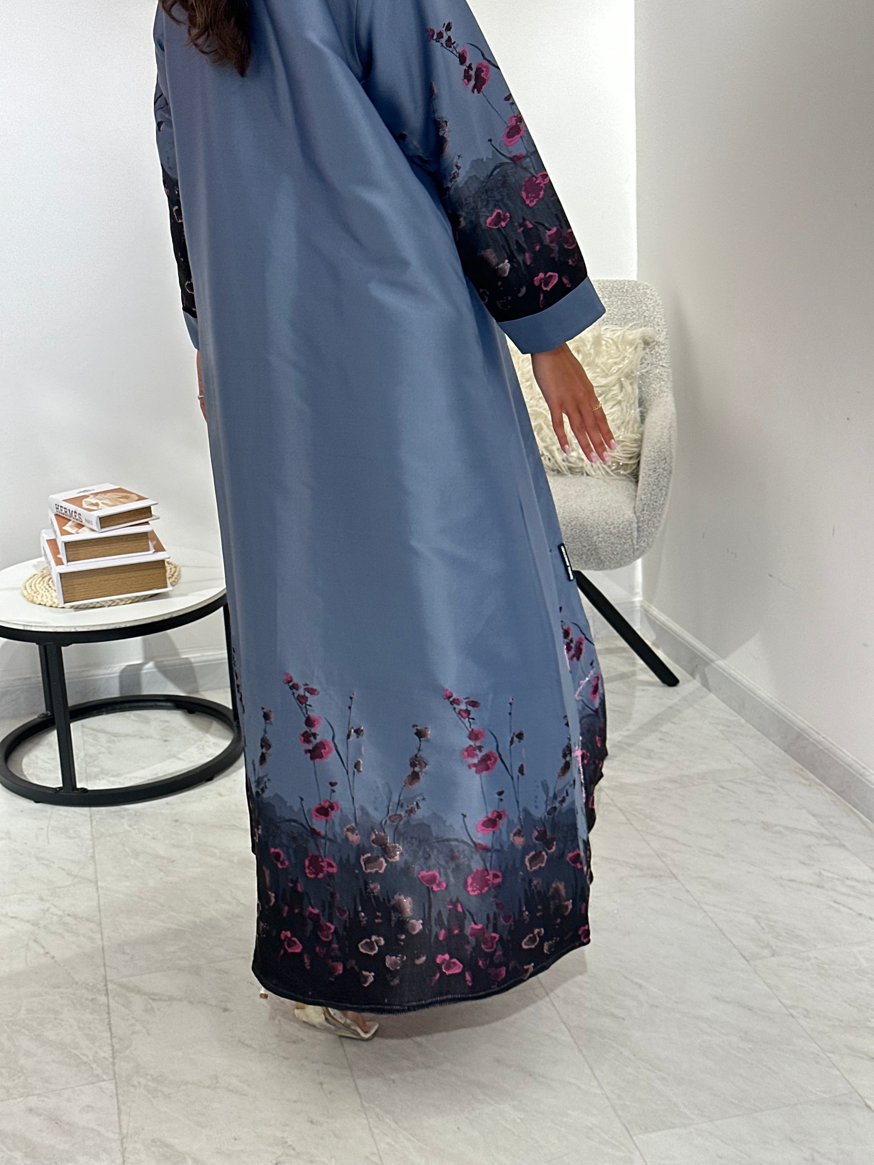 C 1051 Beaded Printed Blue Abaya
