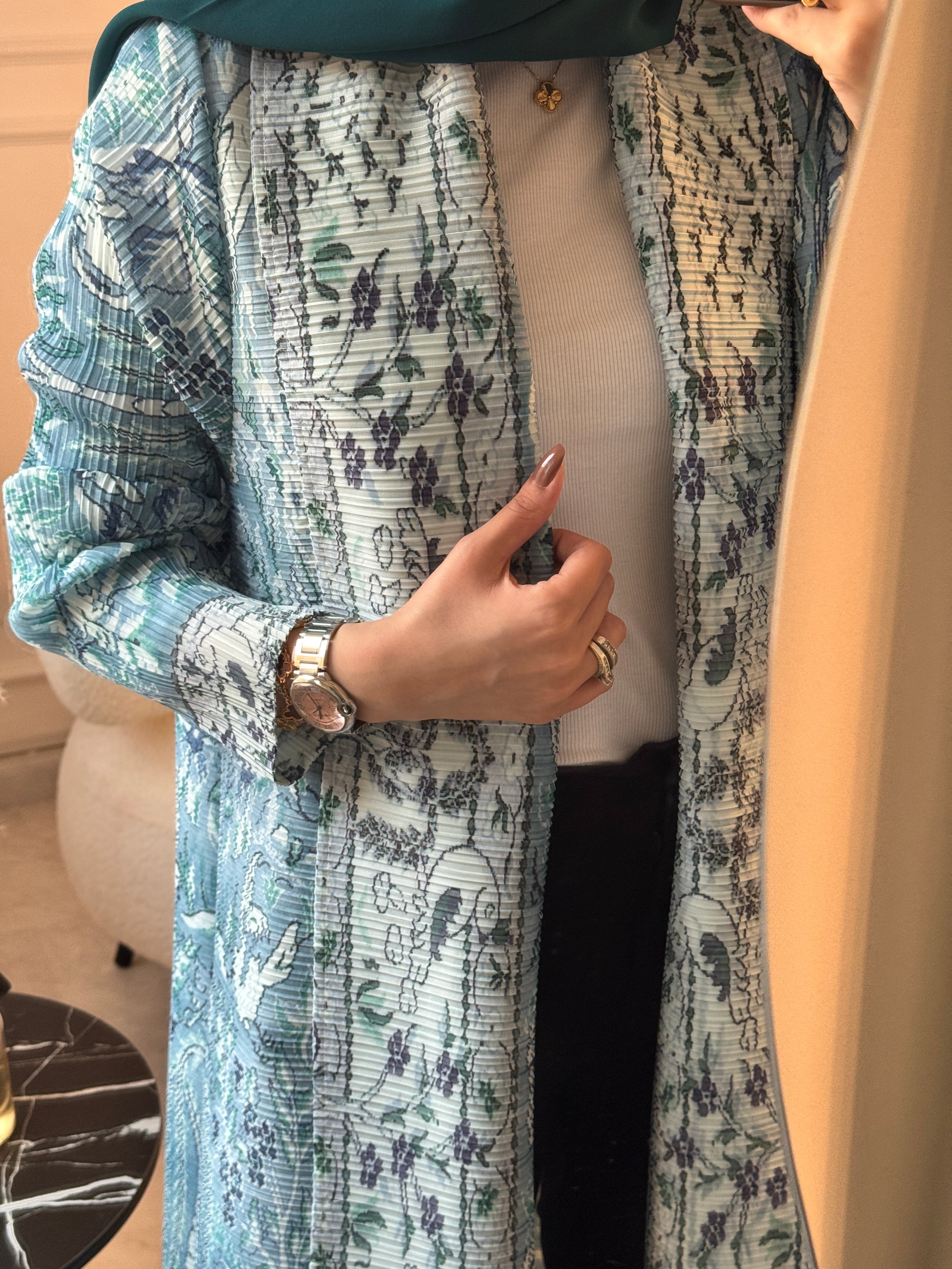 C RTW 08 Aqua Pleated Print Abaya