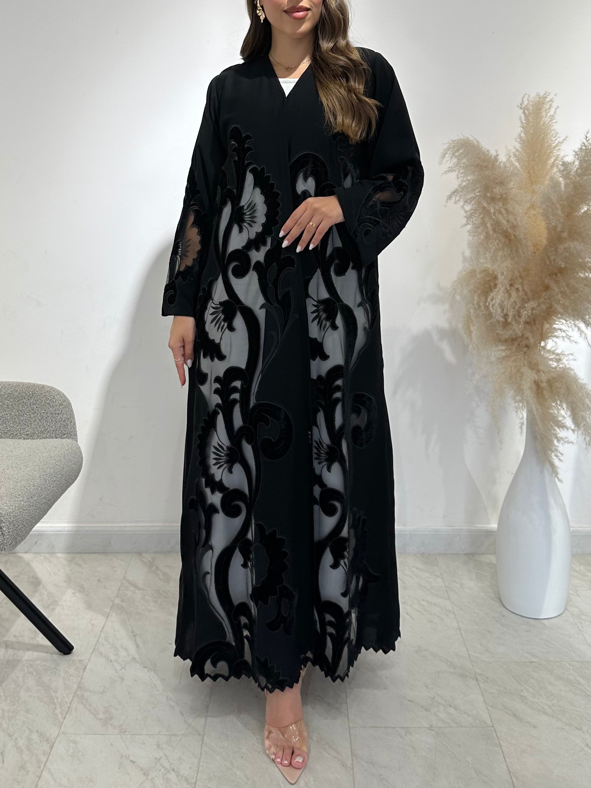 C 1485 Black Velvet Dantel Abaya