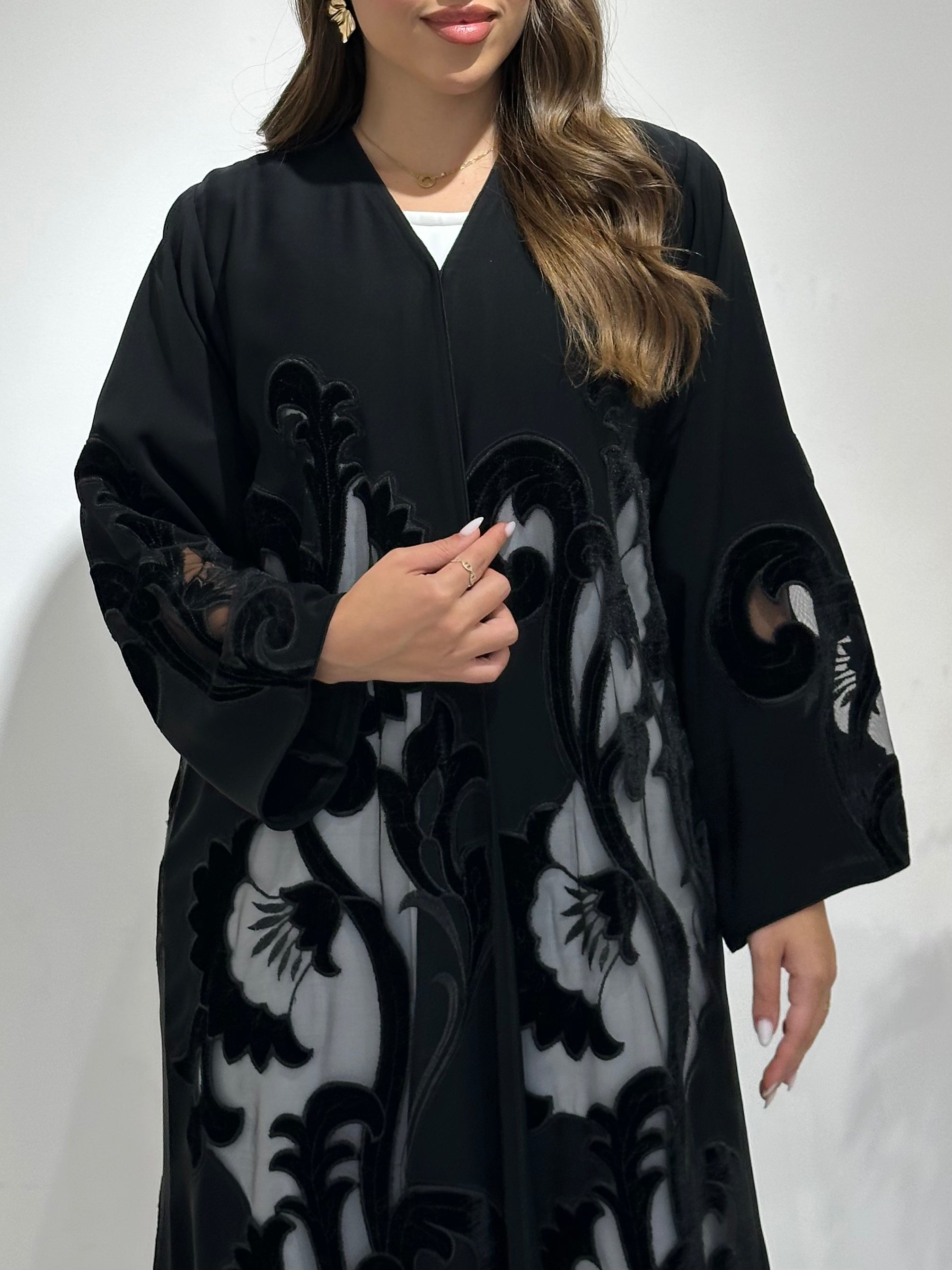C 1485 Black Velvet Dantel Abaya