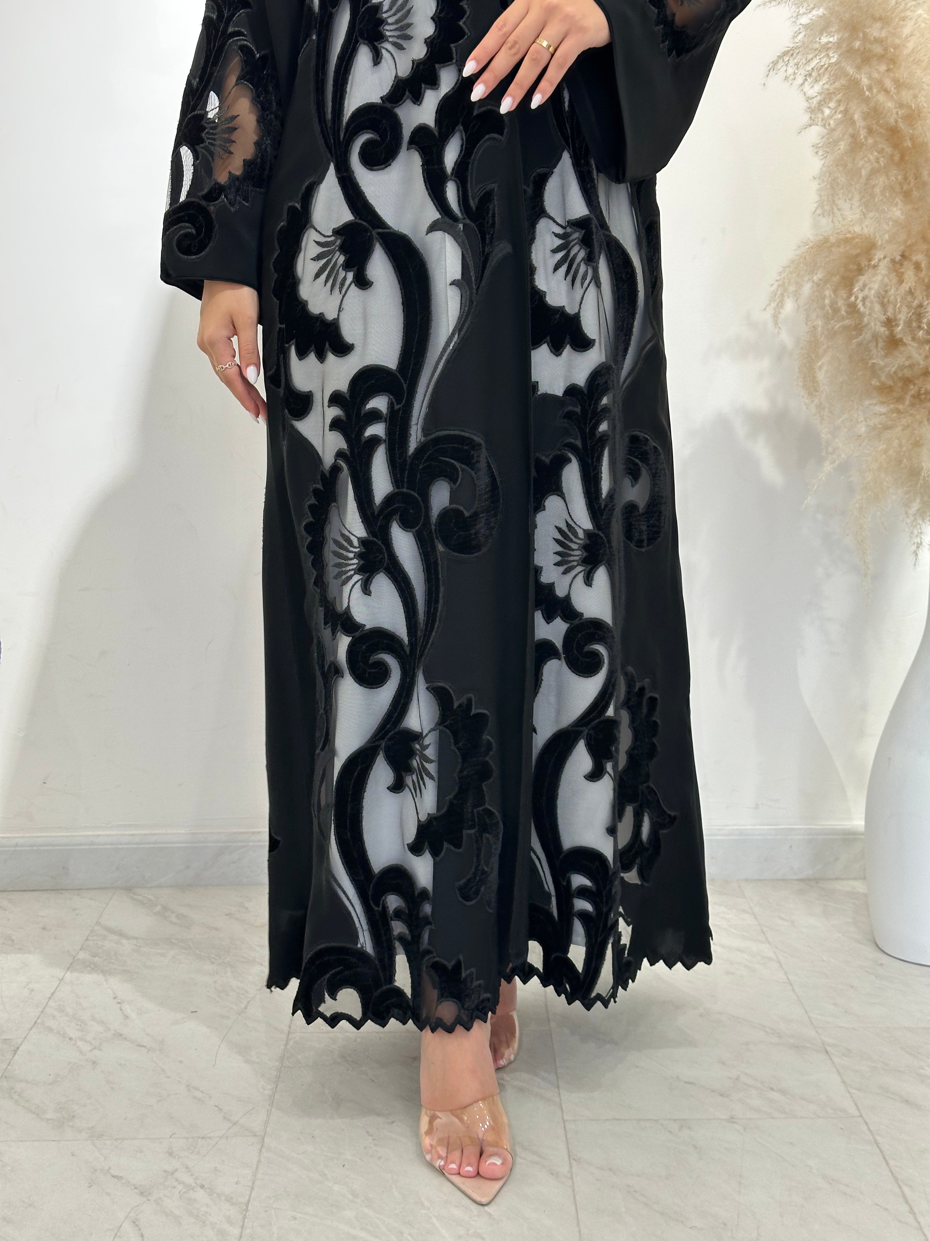 C 1485 Black Velvet Dantel Abaya