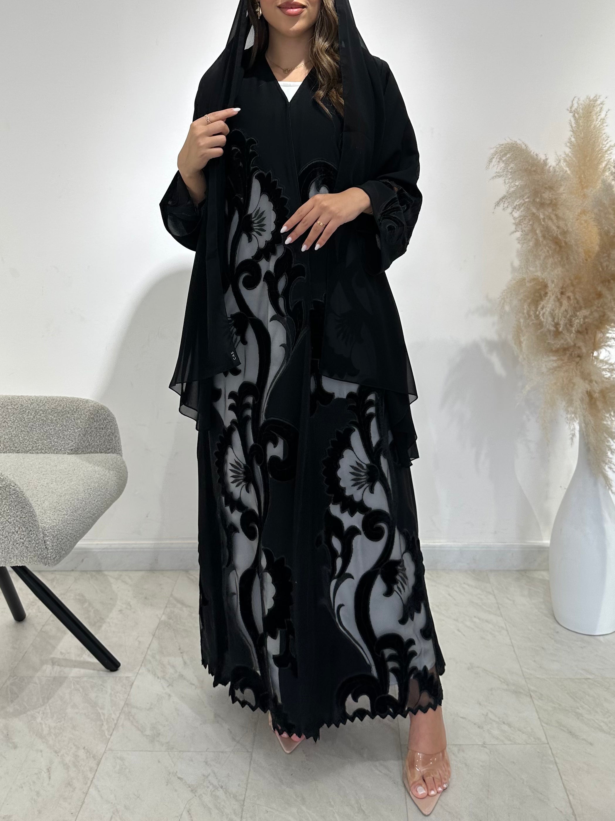 C 1485 Black Velvet Dantel Abaya