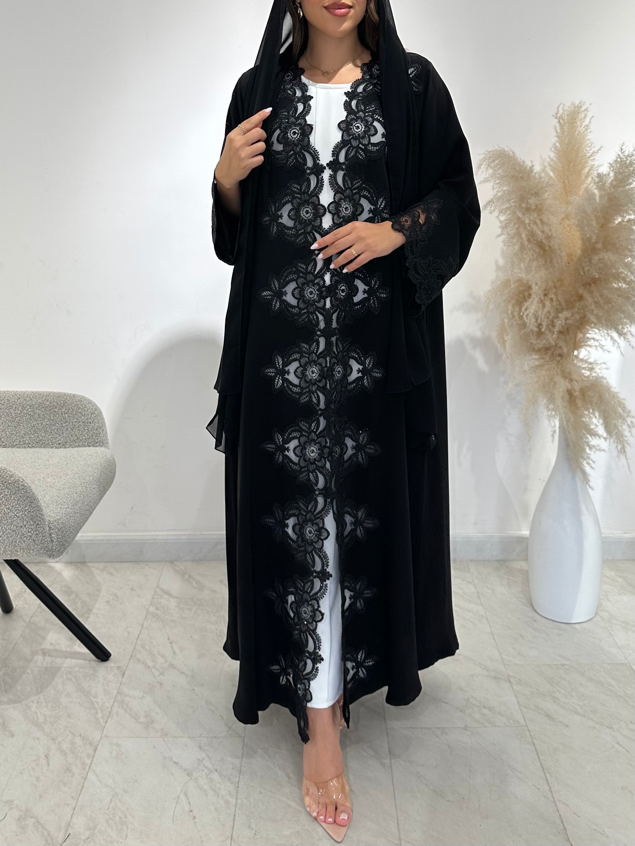 C 1486 Black Crystal Lace Abaya