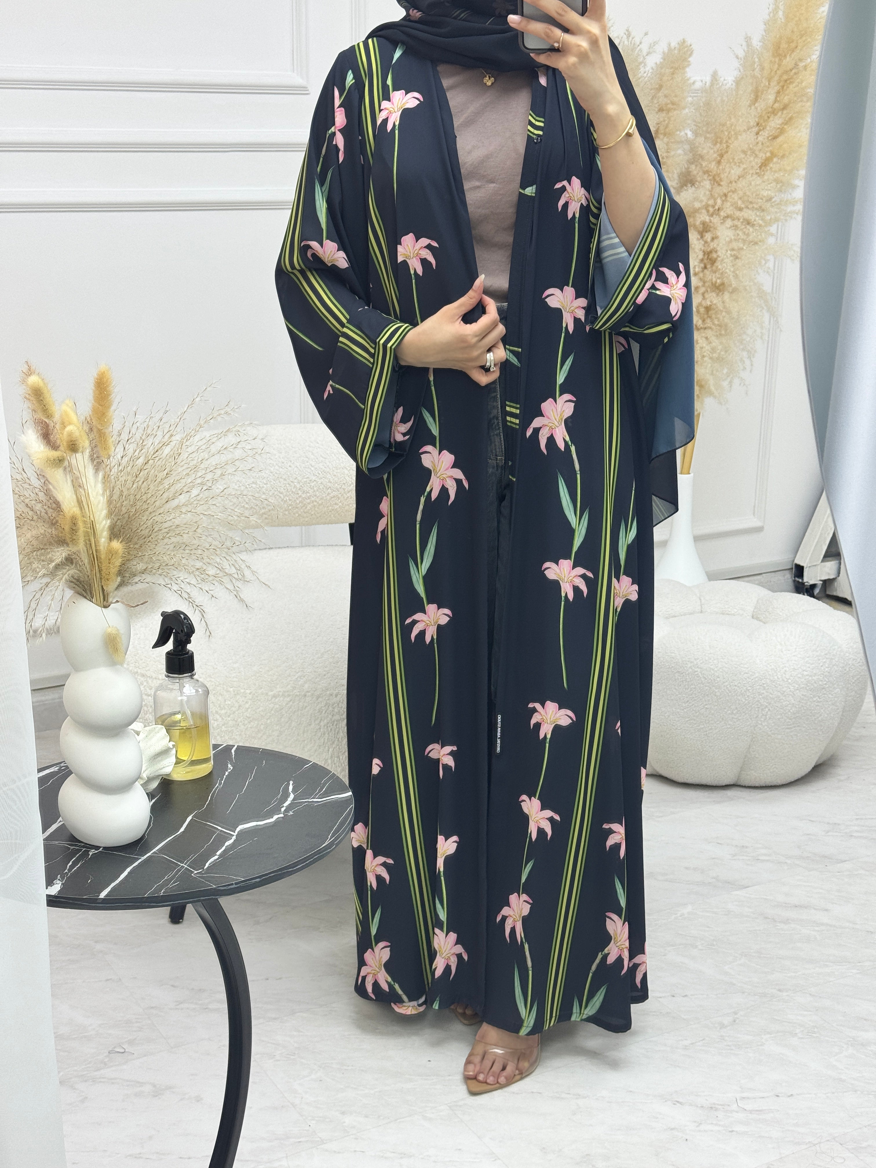 C 1254 Black Lily Printed Abaya